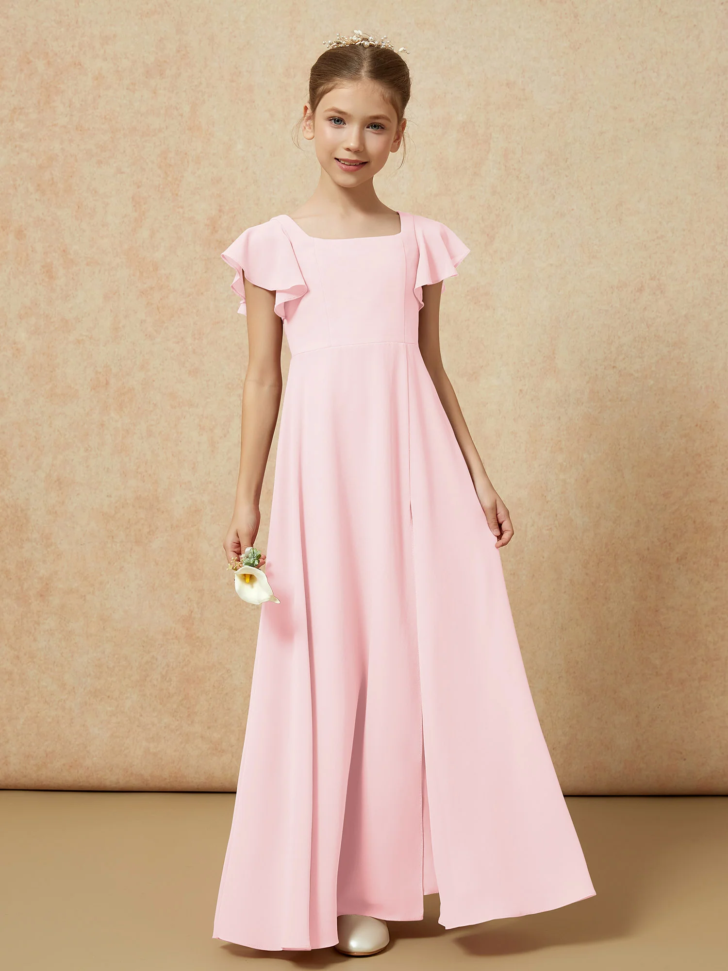 Flutter Sleeves Long Junior Bridesmaid Dresses With Slit Blushing Pink - Image 4