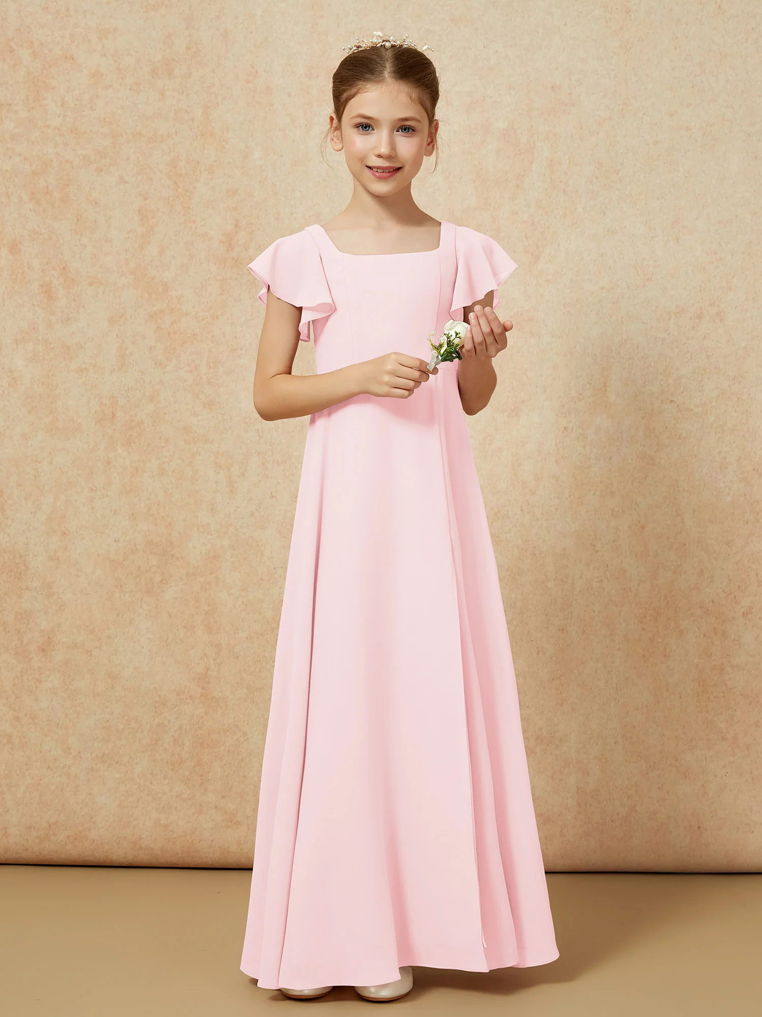 Flutter Sleeves Long Junior Bridesmaid Dresses With Slit Blushing Pink - Image 5