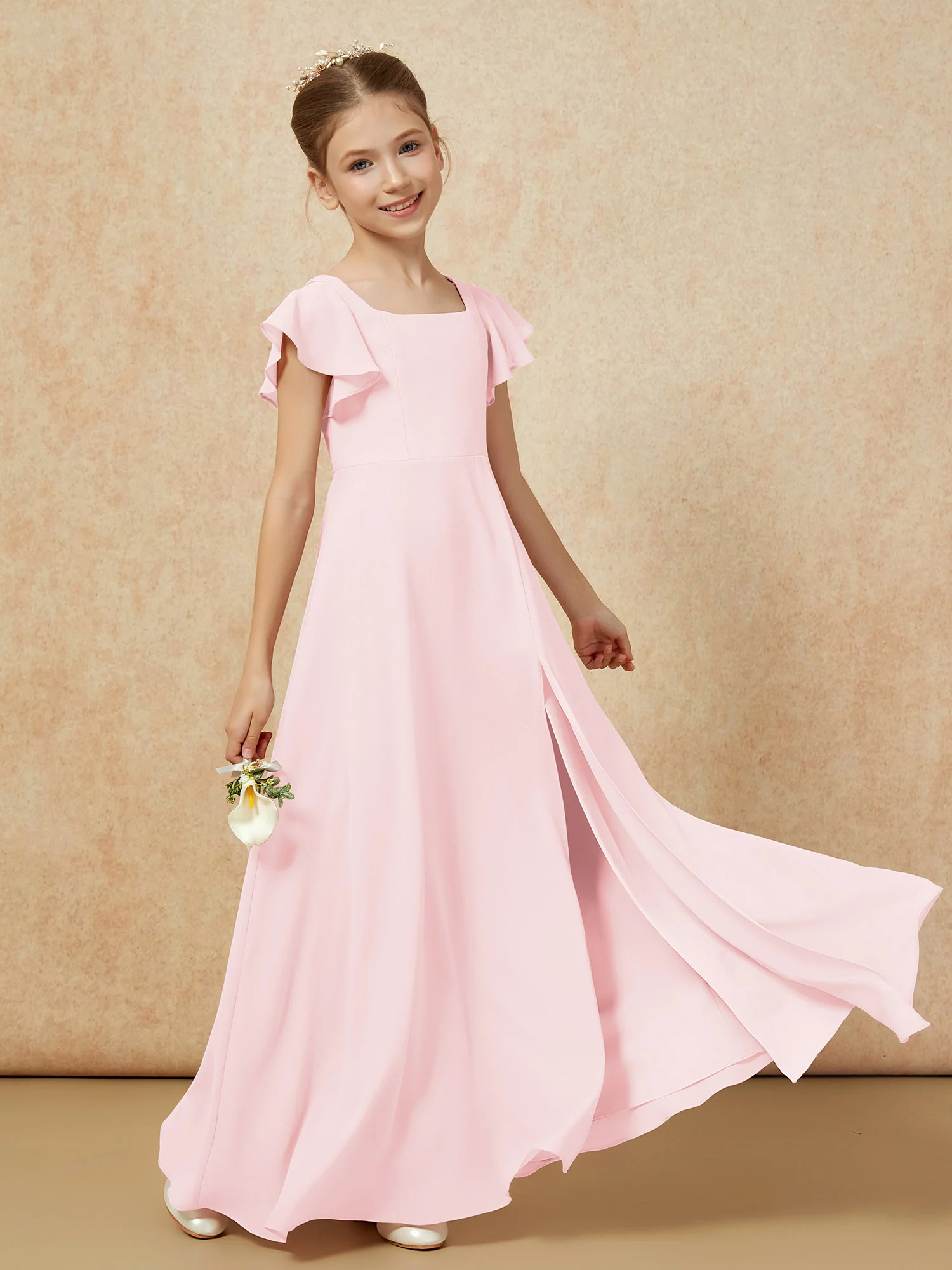 Flutter Sleeves Long Junior Bridesmaid Dresses With Slit Blushing Pink - Image 6