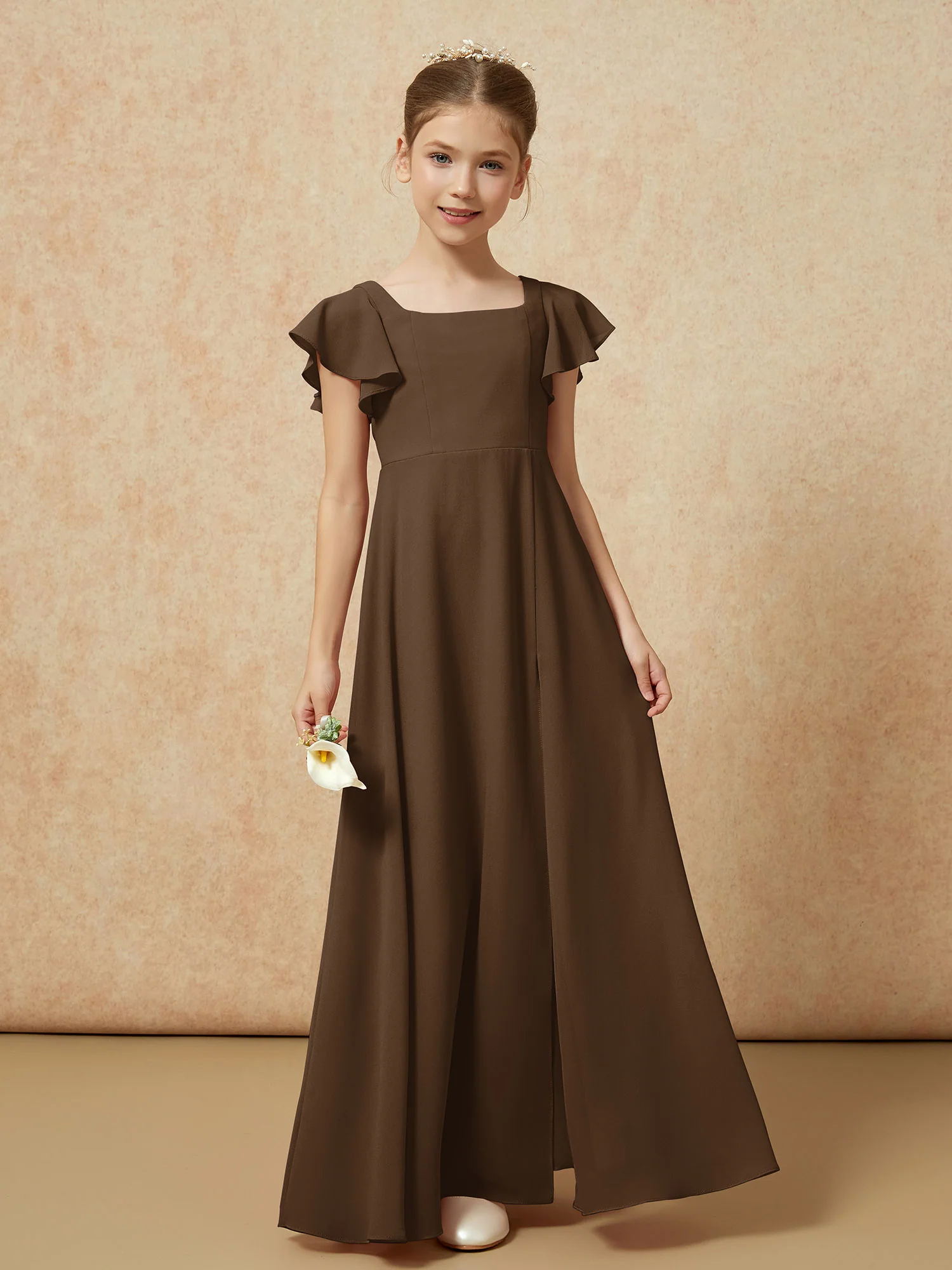 Flutter Sleeves Long Junior Bridesmaid Dresses With Slit Brown - Image 4