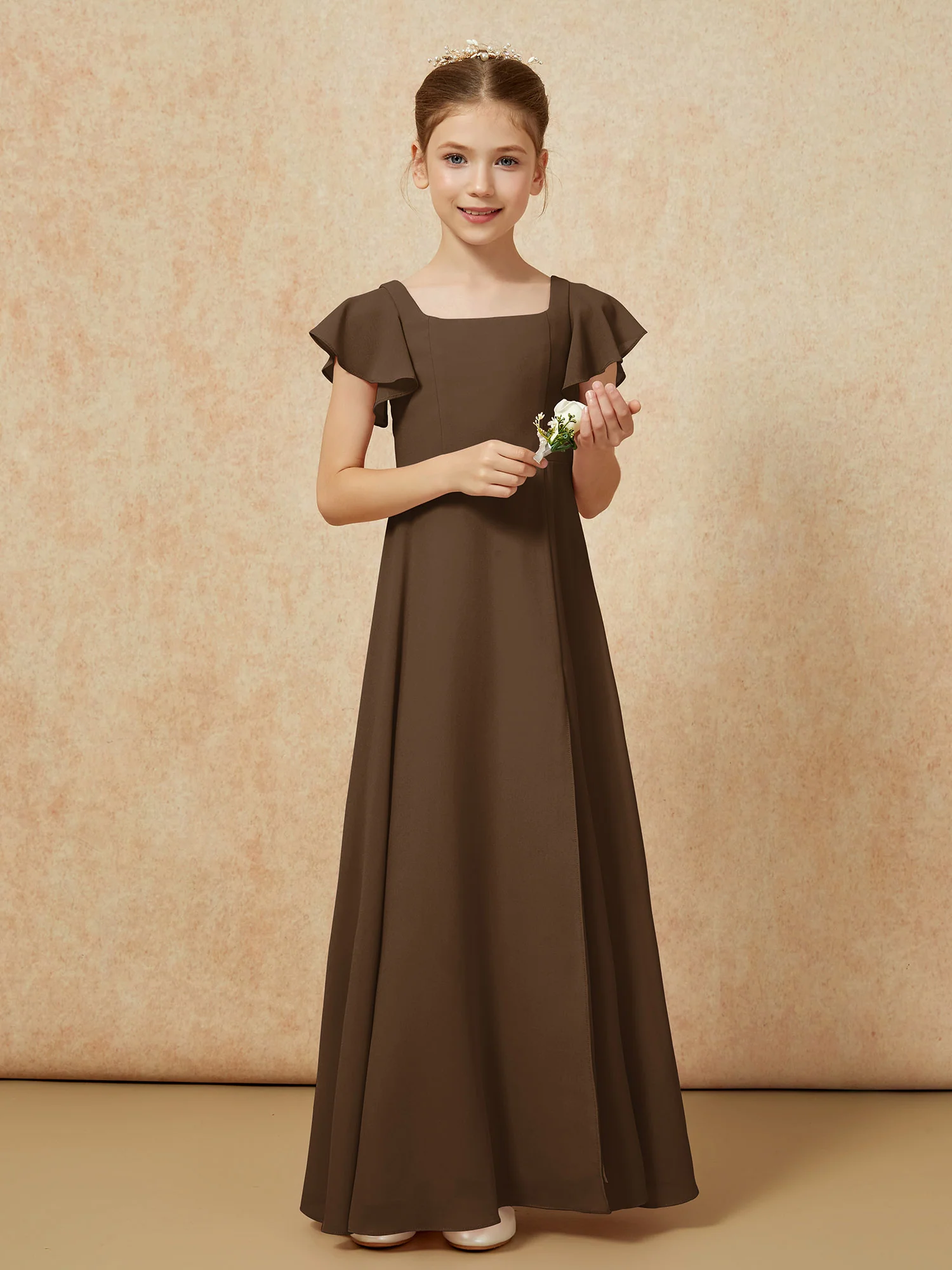 Flutter Sleeves Long Junior Bridesmaid Dresses With Slit Brown - Image 5