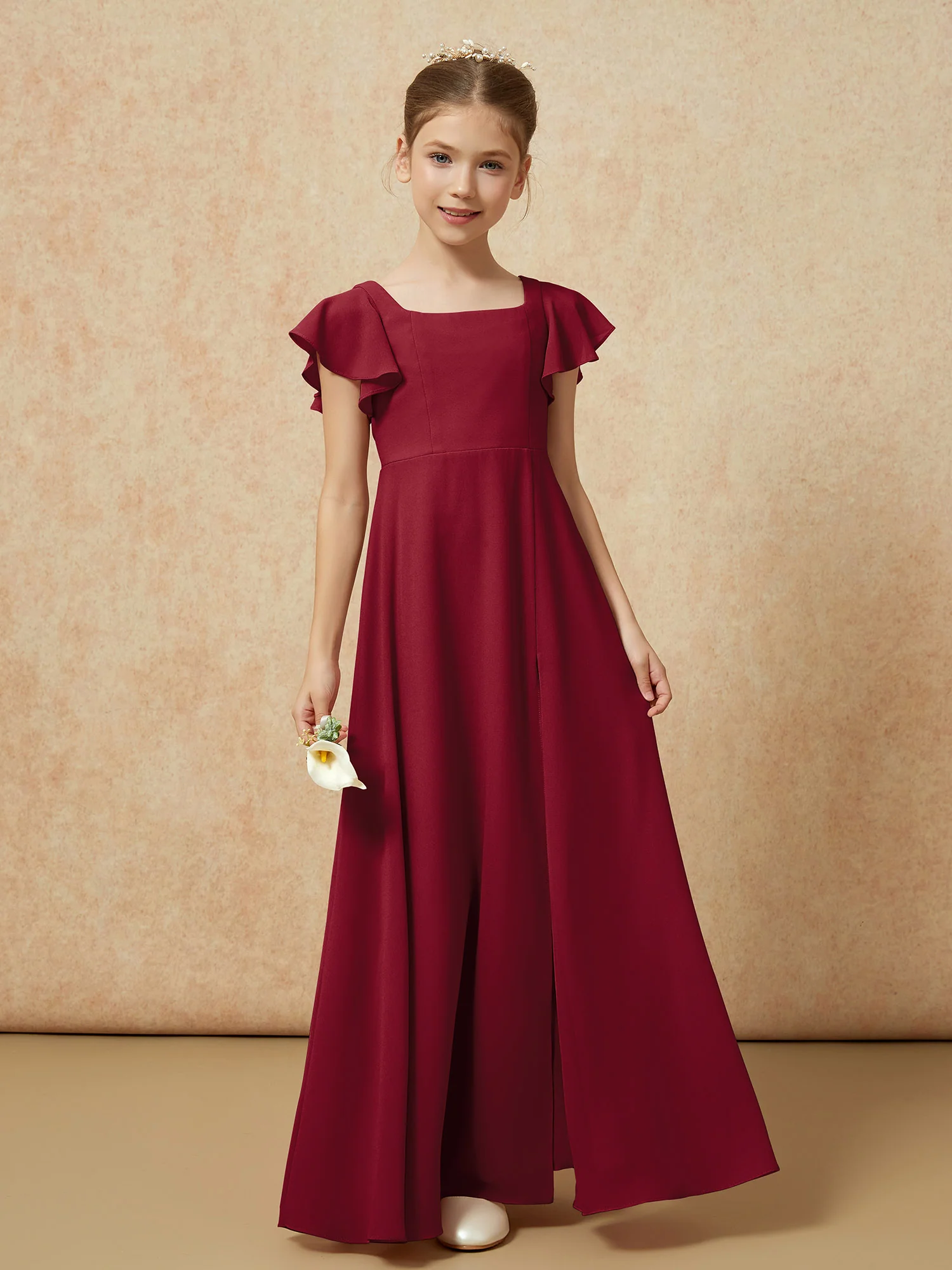 Flutter Sleeves Long Junior Bridesmaid Dresses With Slit Burgundy - Image 4