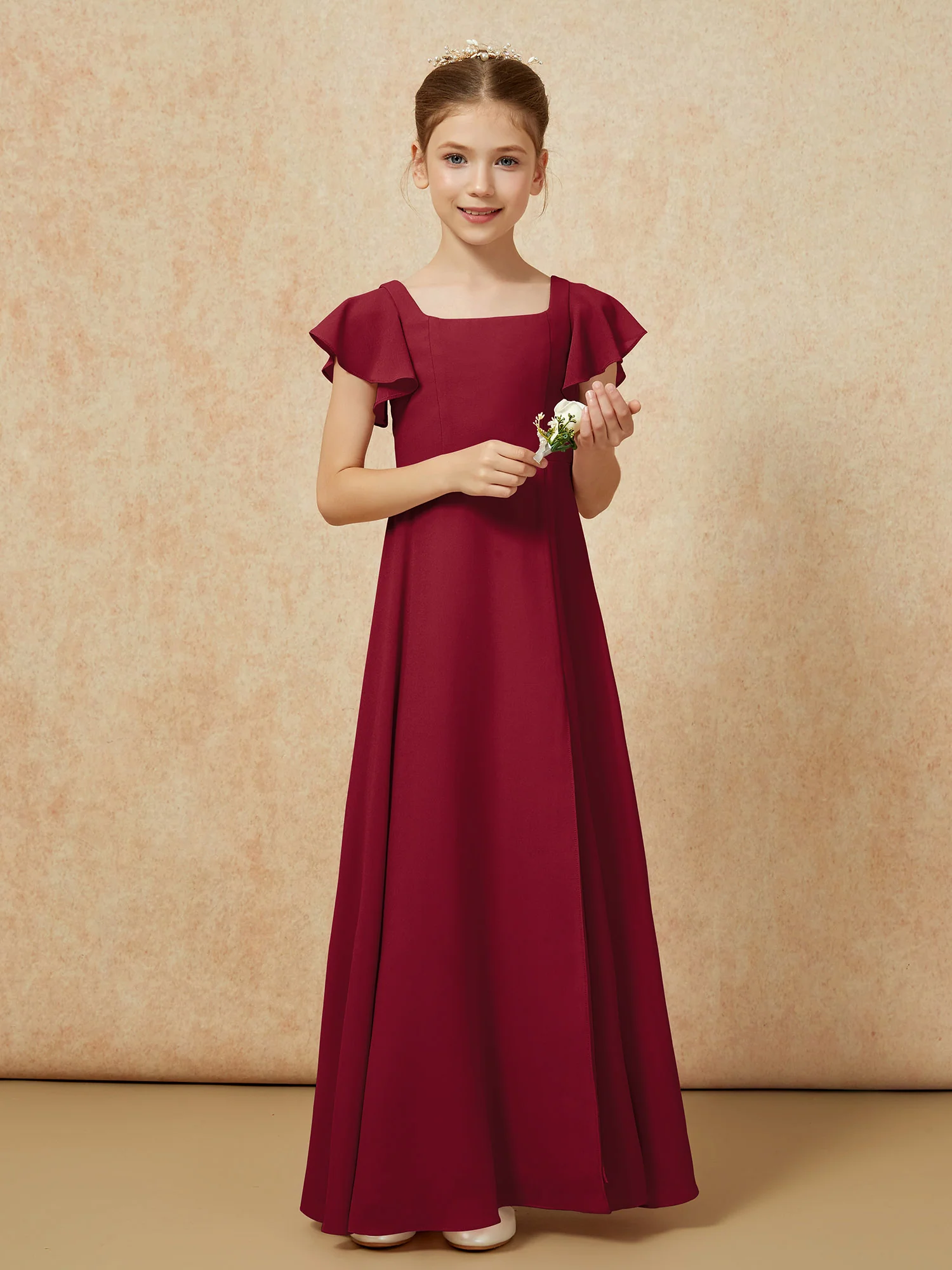 Flutter Sleeves Long Junior Bridesmaid Dresses With Slit Burgundy - Image 5
