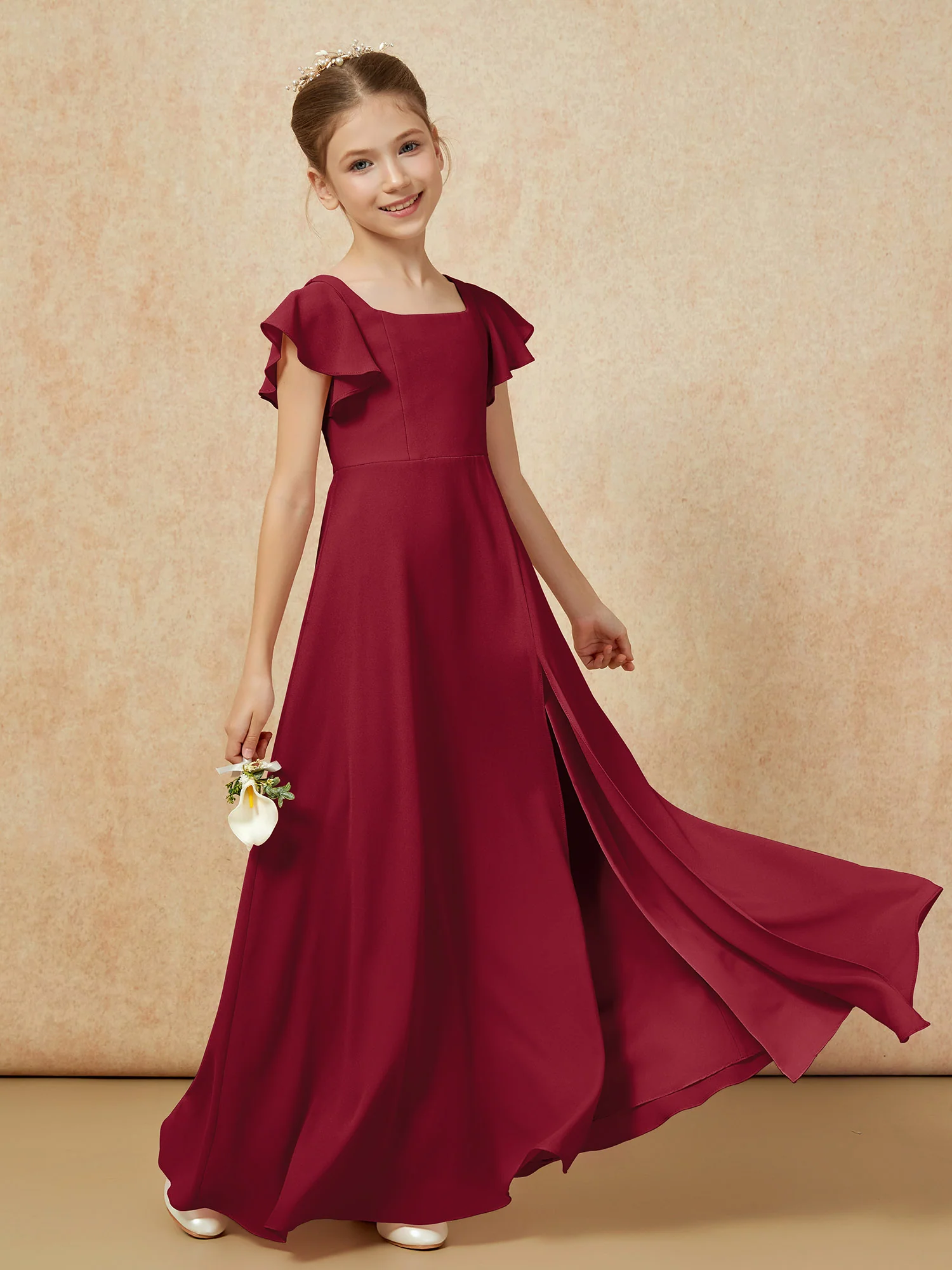 Flutter Sleeves Long Junior Bridesmaid Dresses With Slit Burgundy - Image 6