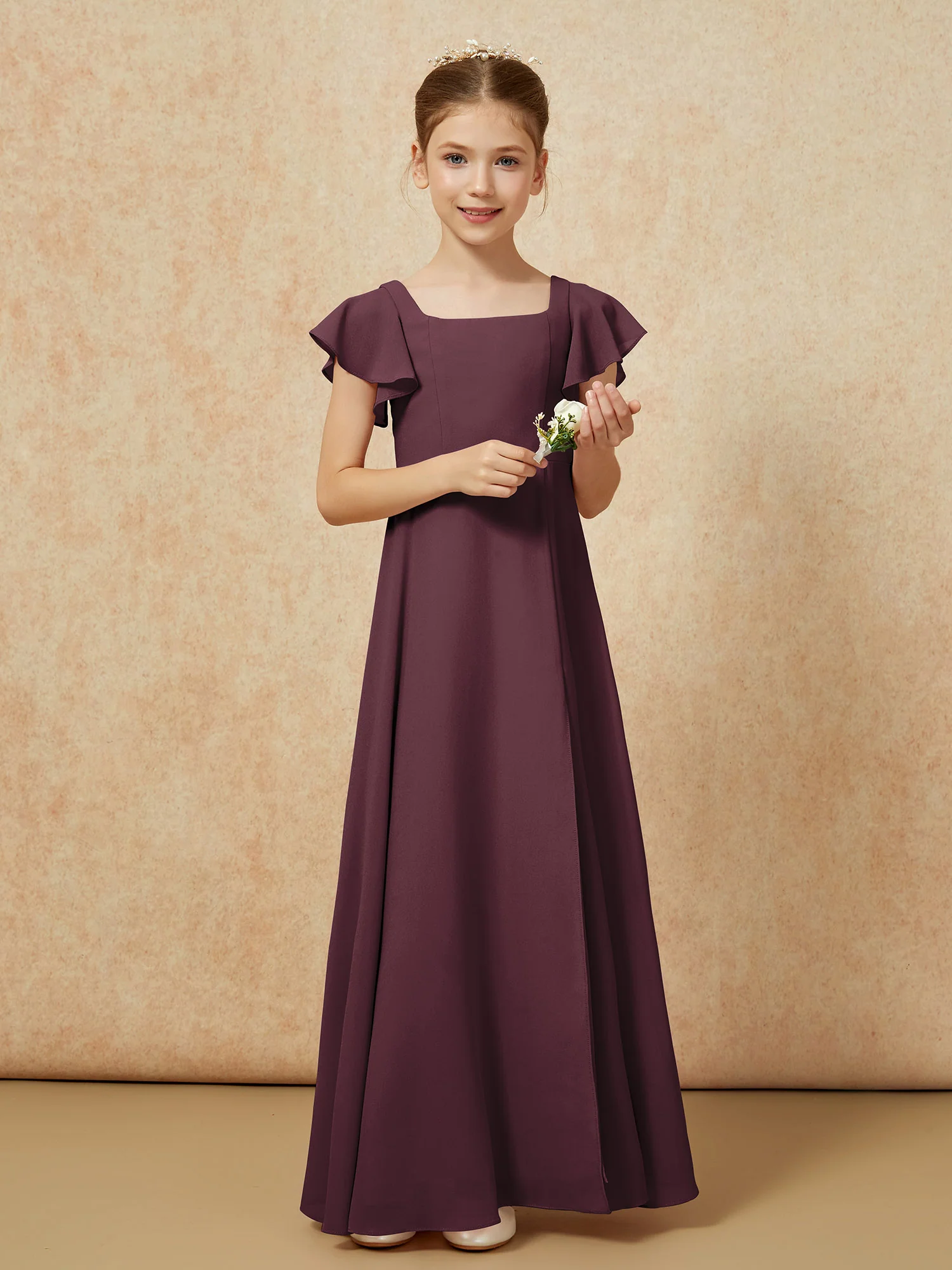 Flutter Sleeves Long Junior Bridesmaid Dresses With Slit Cabernet - Image 5