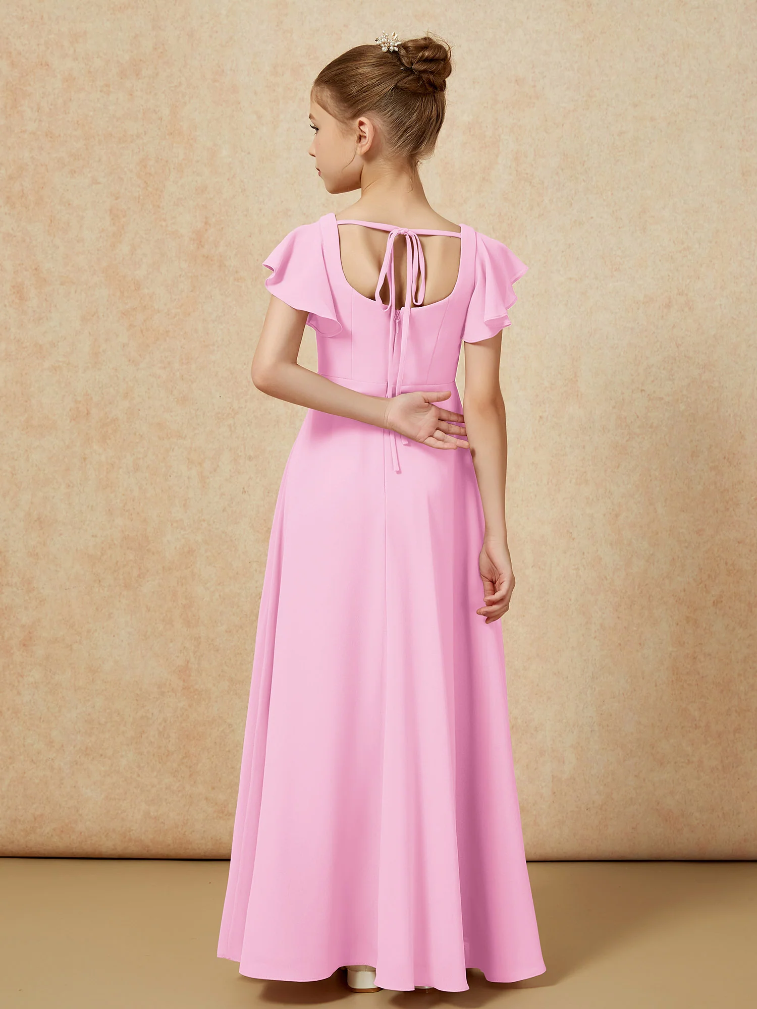 Flutter Sleeves Long Junior Bridesmaid Dresses With Slit Candy Pink - Image 2