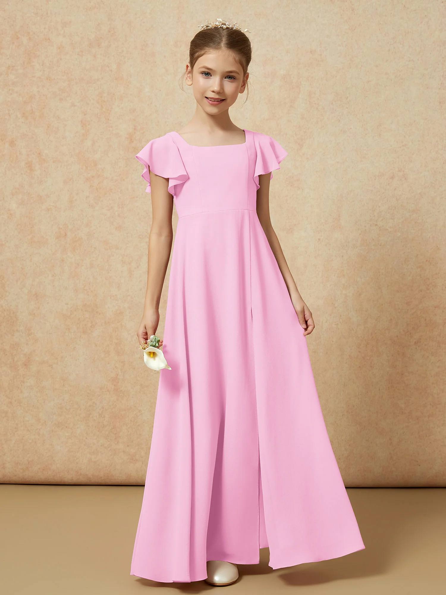 Flutter Sleeves Long Junior Bridesmaid Dresses With Slit Candy Pink - Image 4