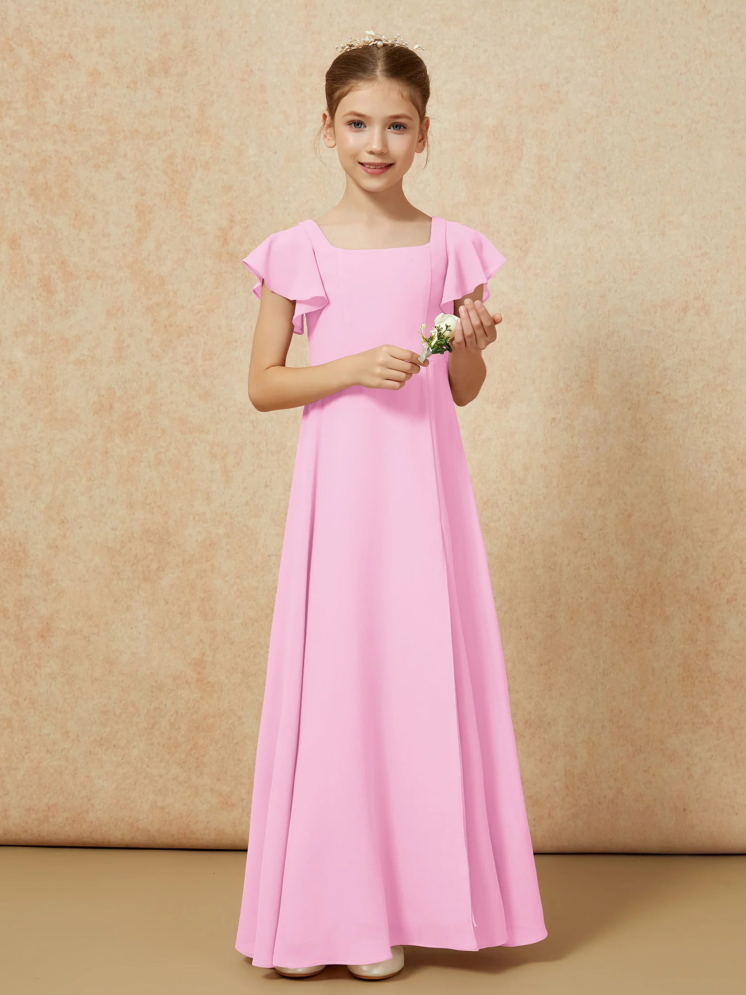 Flutter Sleeves Long Junior Bridesmaid Dresses With Slit Candy Pink - Image 5