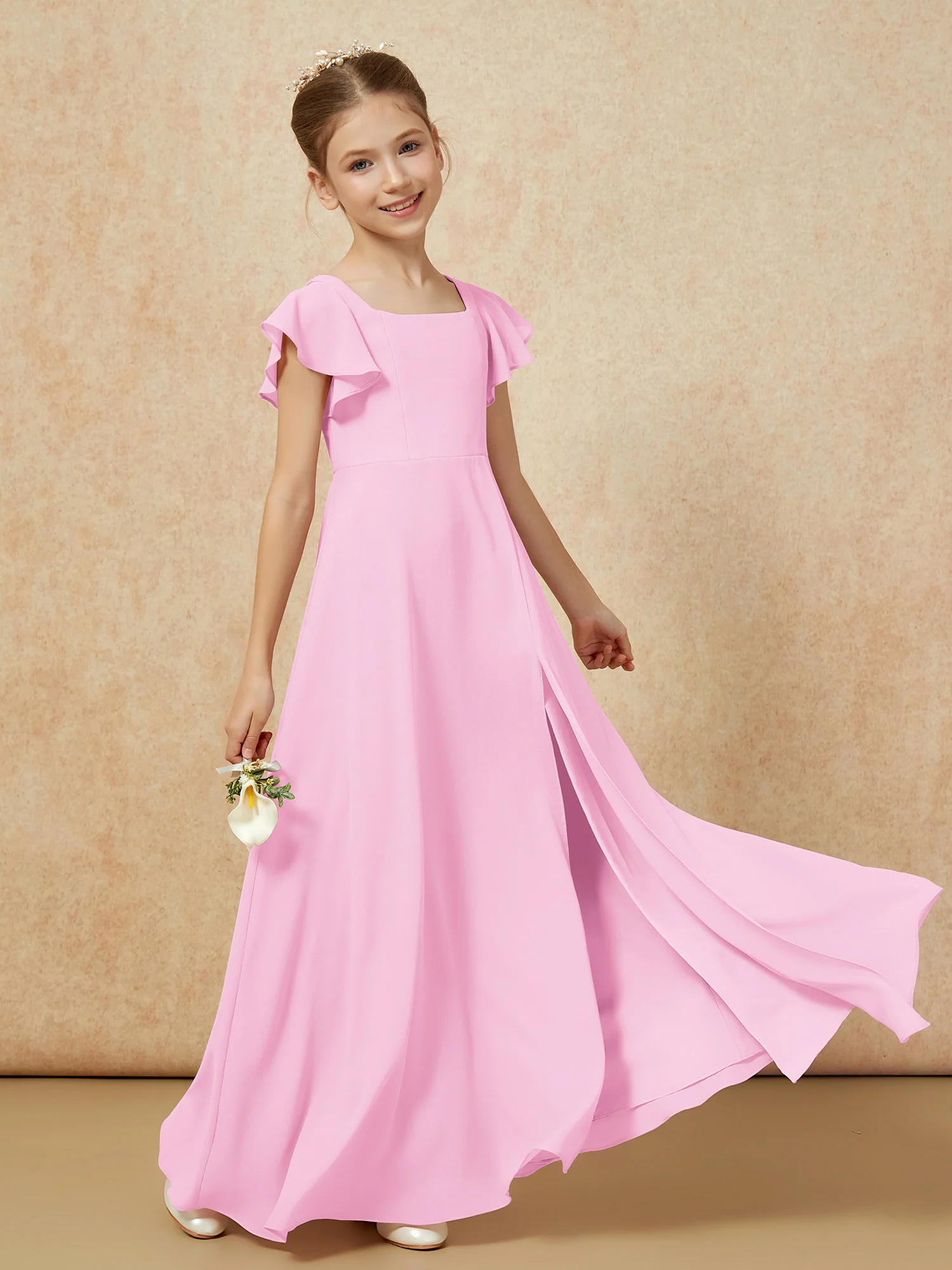Flutter Sleeves Long Junior Bridesmaid Dresses With Slit Candy Pink - Image 6