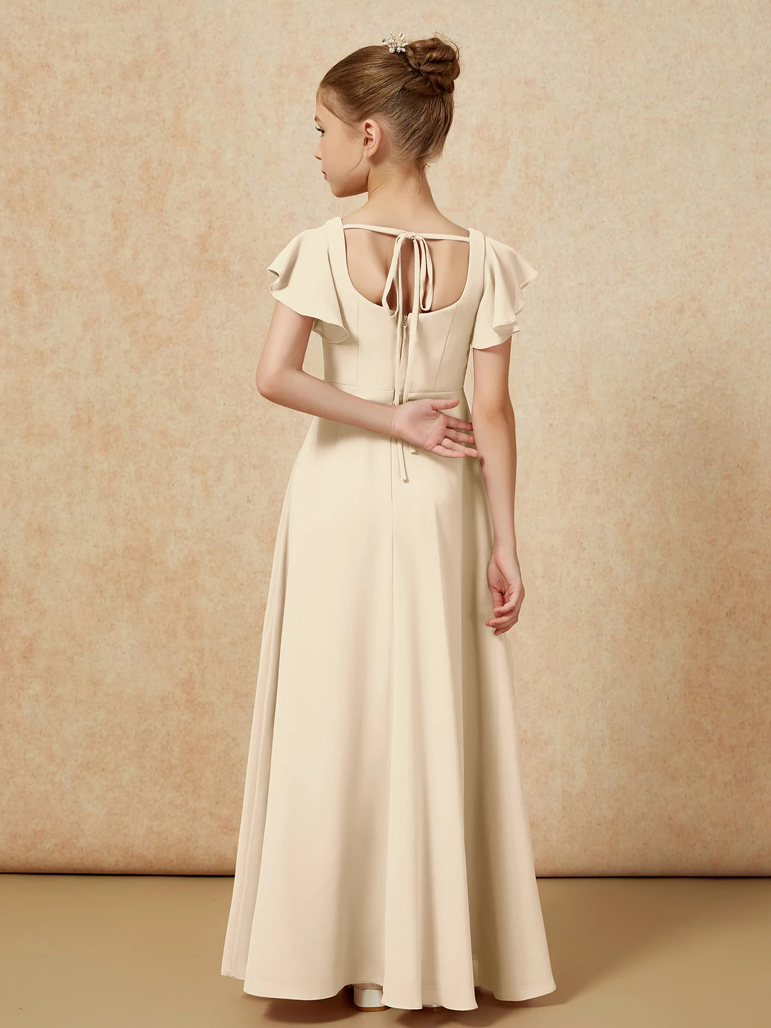 Flutter Sleeves Long Junior Bridesmaid Dresses With Slit Champagne - Image 2