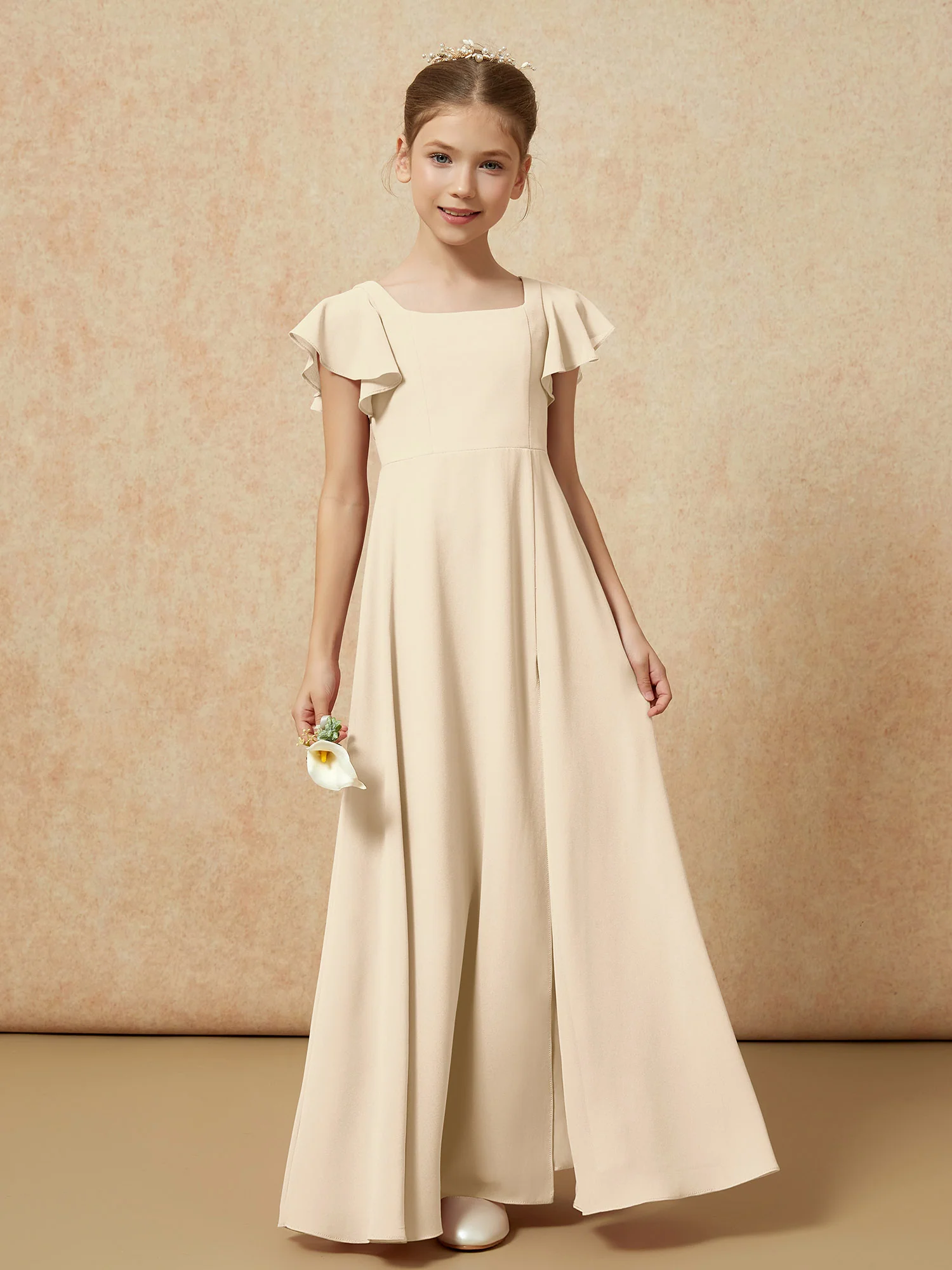 Flutter Sleeves Long Junior Bridesmaid Dresses With Slit Champagne - Image 4