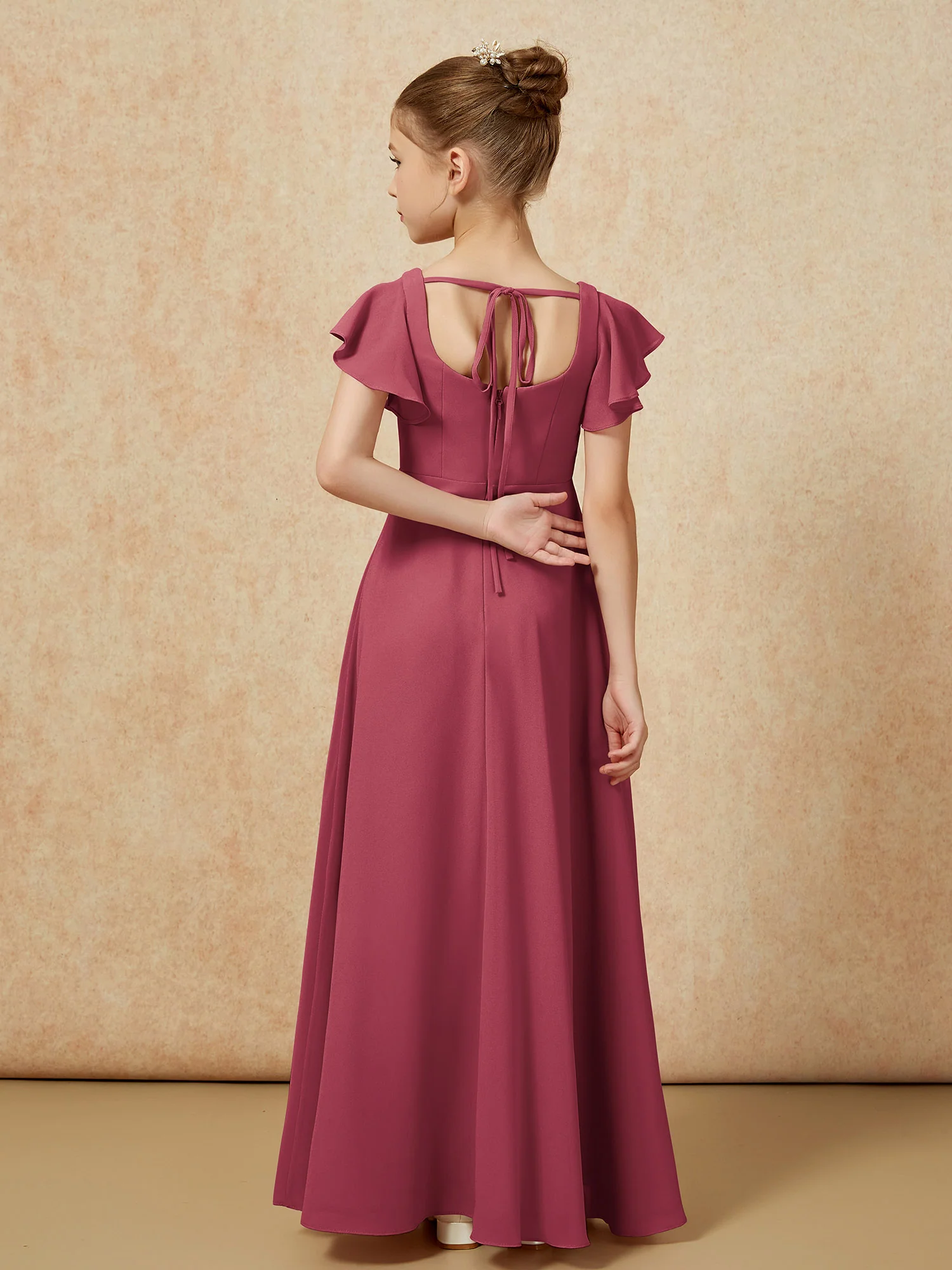 Flutter Sleeves Long Junior Bridesmaid Dresses With Slit Cinnamon Rose - Image 2