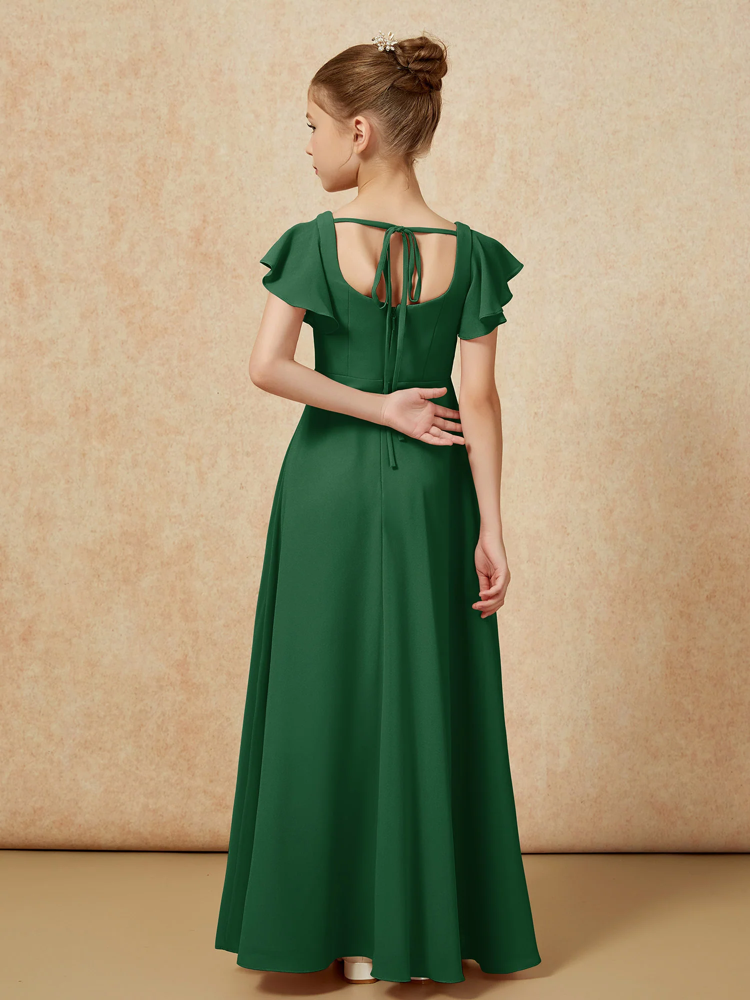 Flutter Sleeves Long Junior Bridesmaid Dresses With Slit Dark Green - Image 2