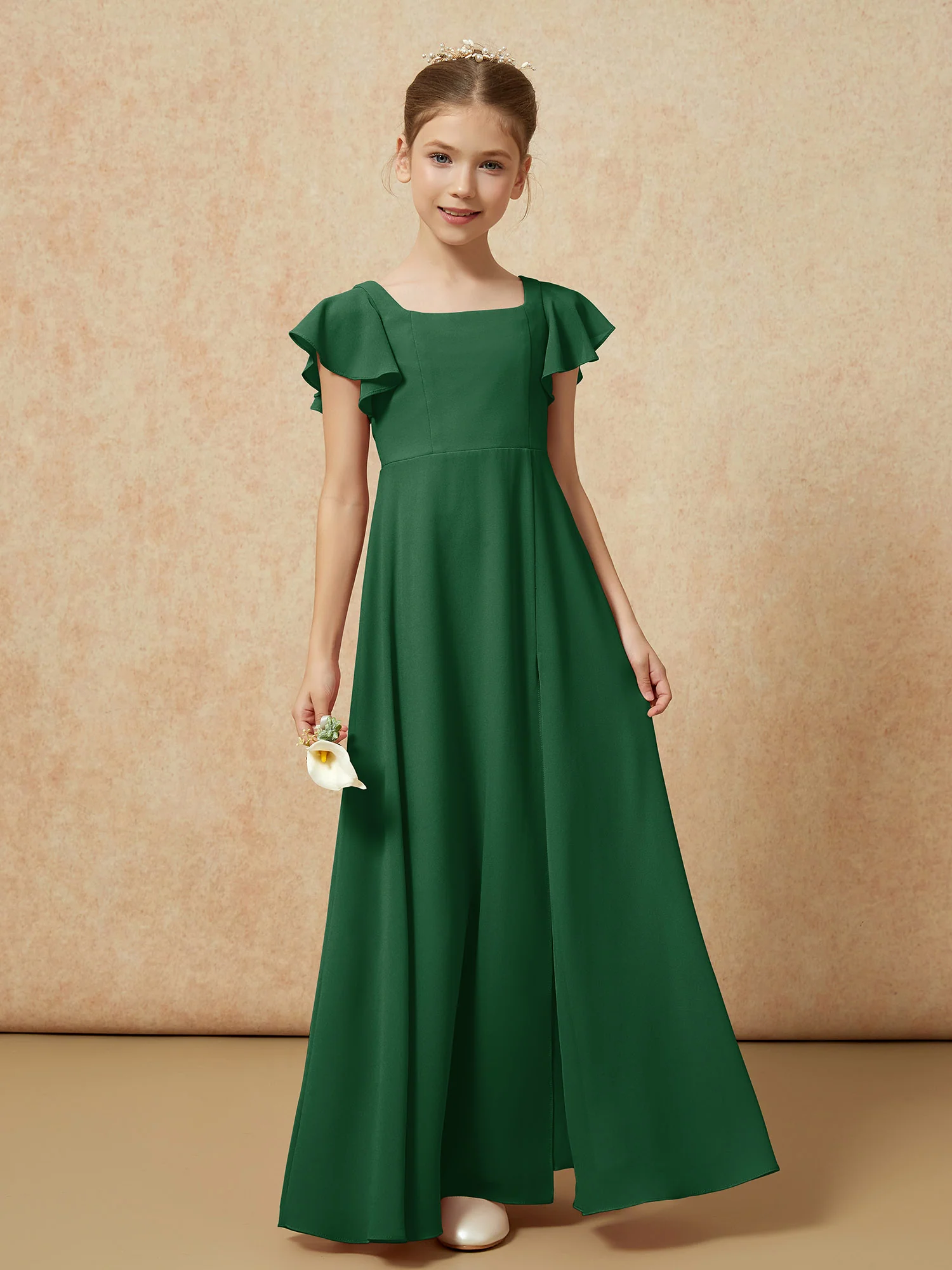 Flutter Sleeves Long Junior Bridesmaid Dresses With Slit Dark Green - Image 4