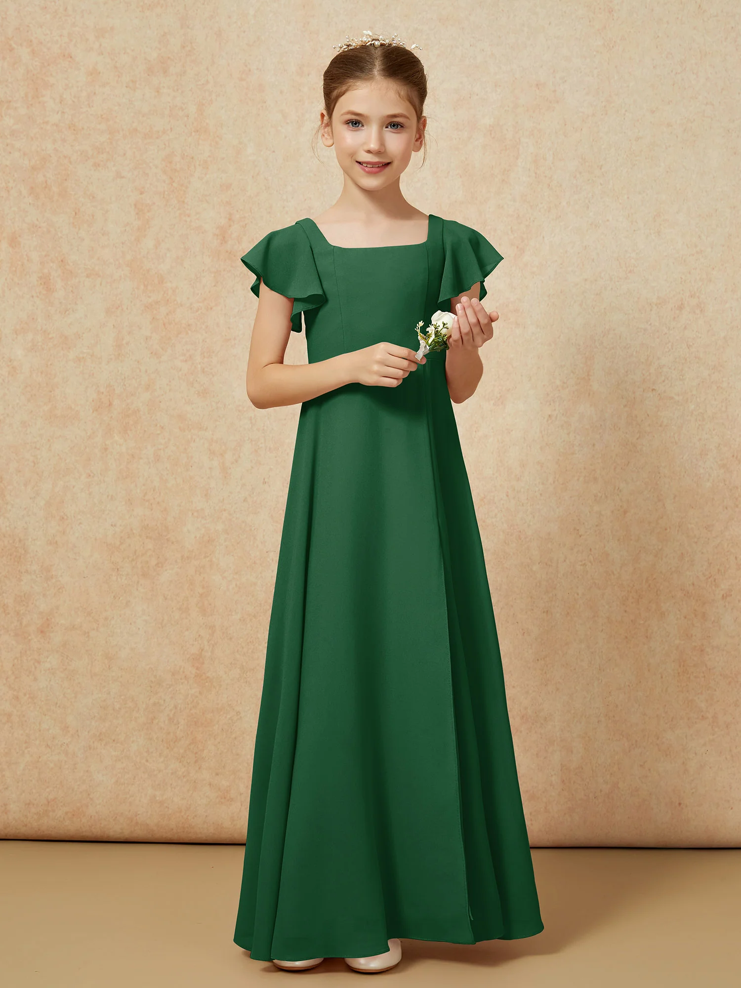 Flutter Sleeves Long Junior Bridesmaid Dresses With Slit Dark Green - Image 5