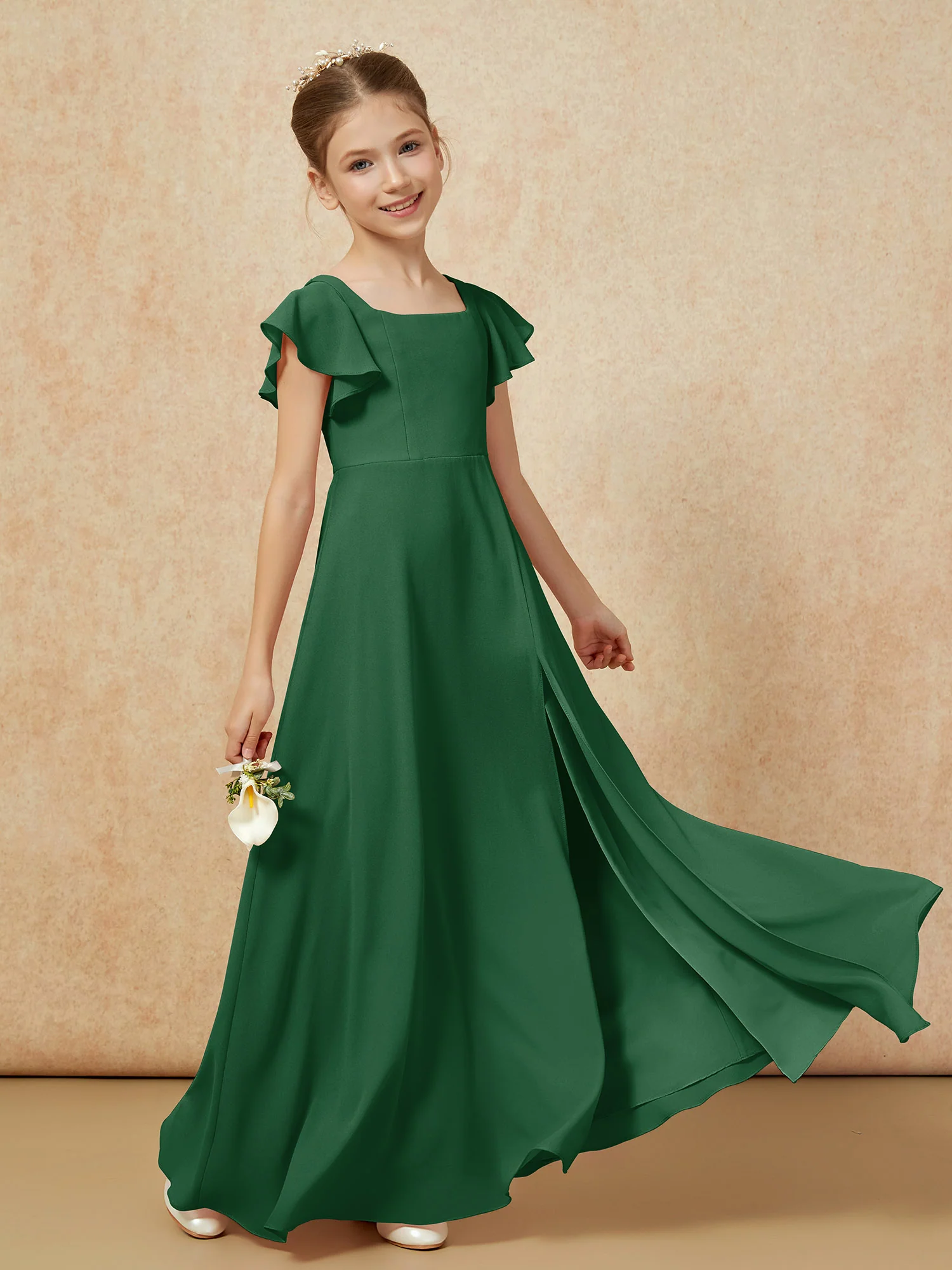 Flutter Sleeves Long Junior Bridesmaid Dresses With Slit Dark Green - Image 6
