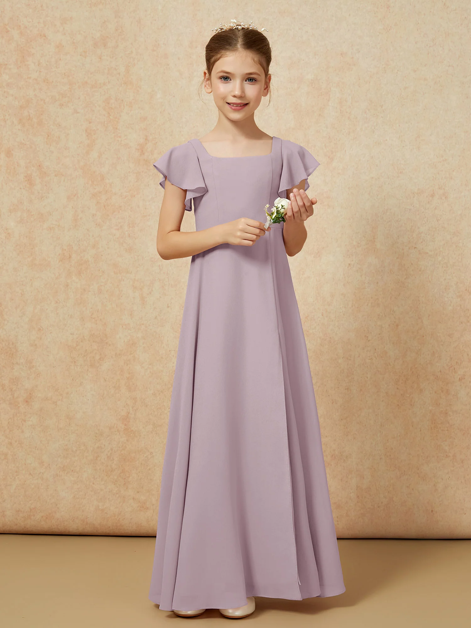 Flutter Sleeves Long Junior Bridesmaid Dresses With Slit Dusk - Image 5