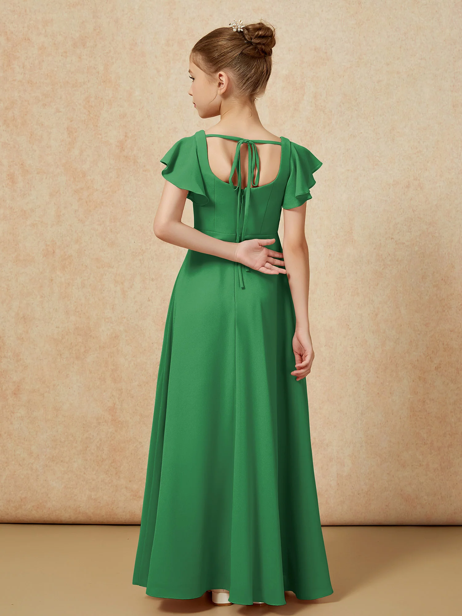 Flutter Sleeves Long Junior Bridesmaid Dresses With Slit Emerald - Image 2