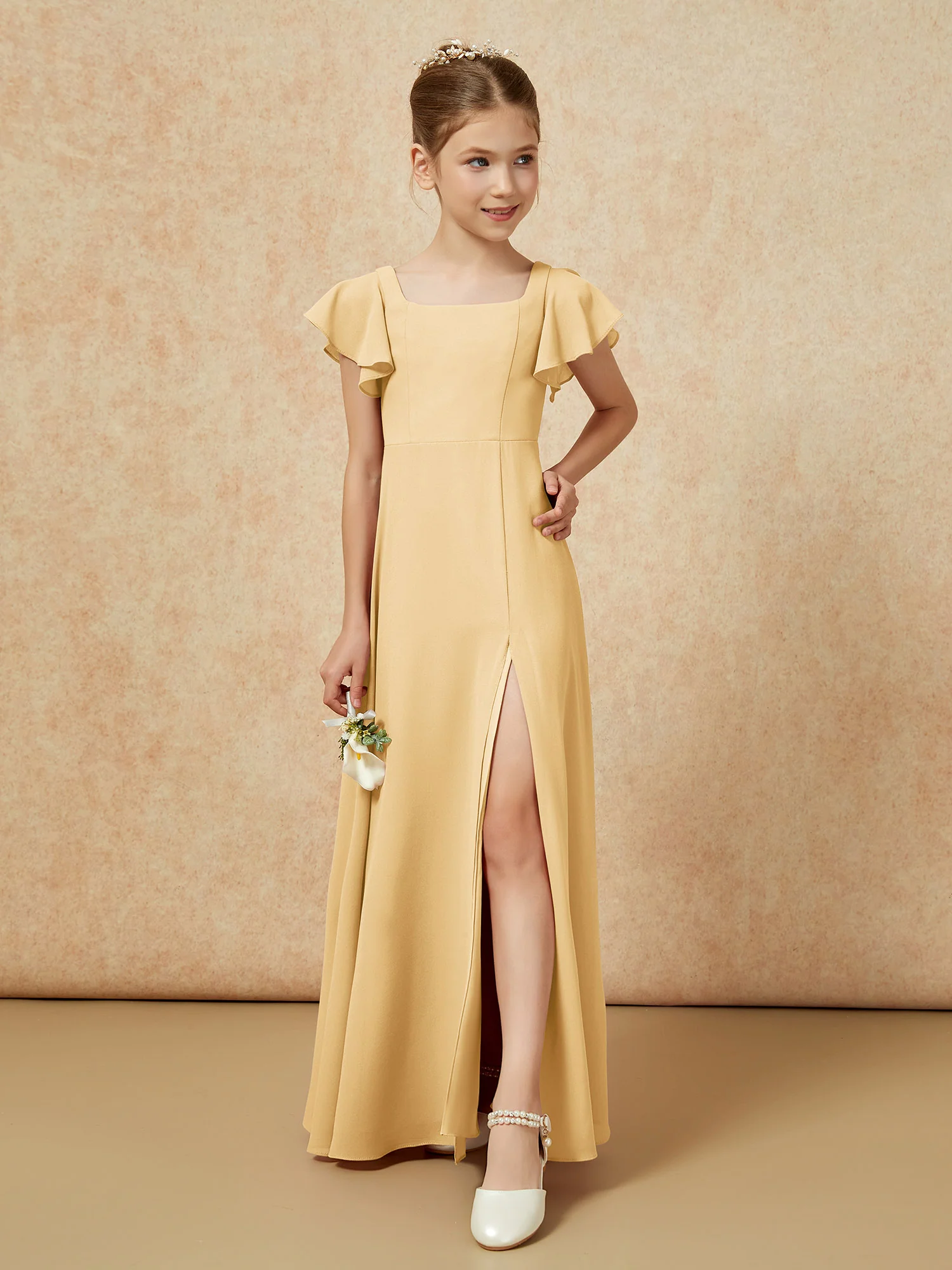 Flutter Sleeves Long Junior Bridesmaid Dresses With Slit Gold