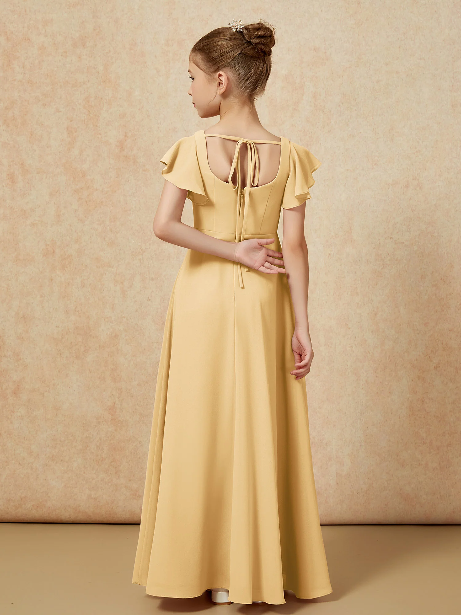 Flutter Sleeves Long Junior Bridesmaid Dresses With Slit Gold - Image 2