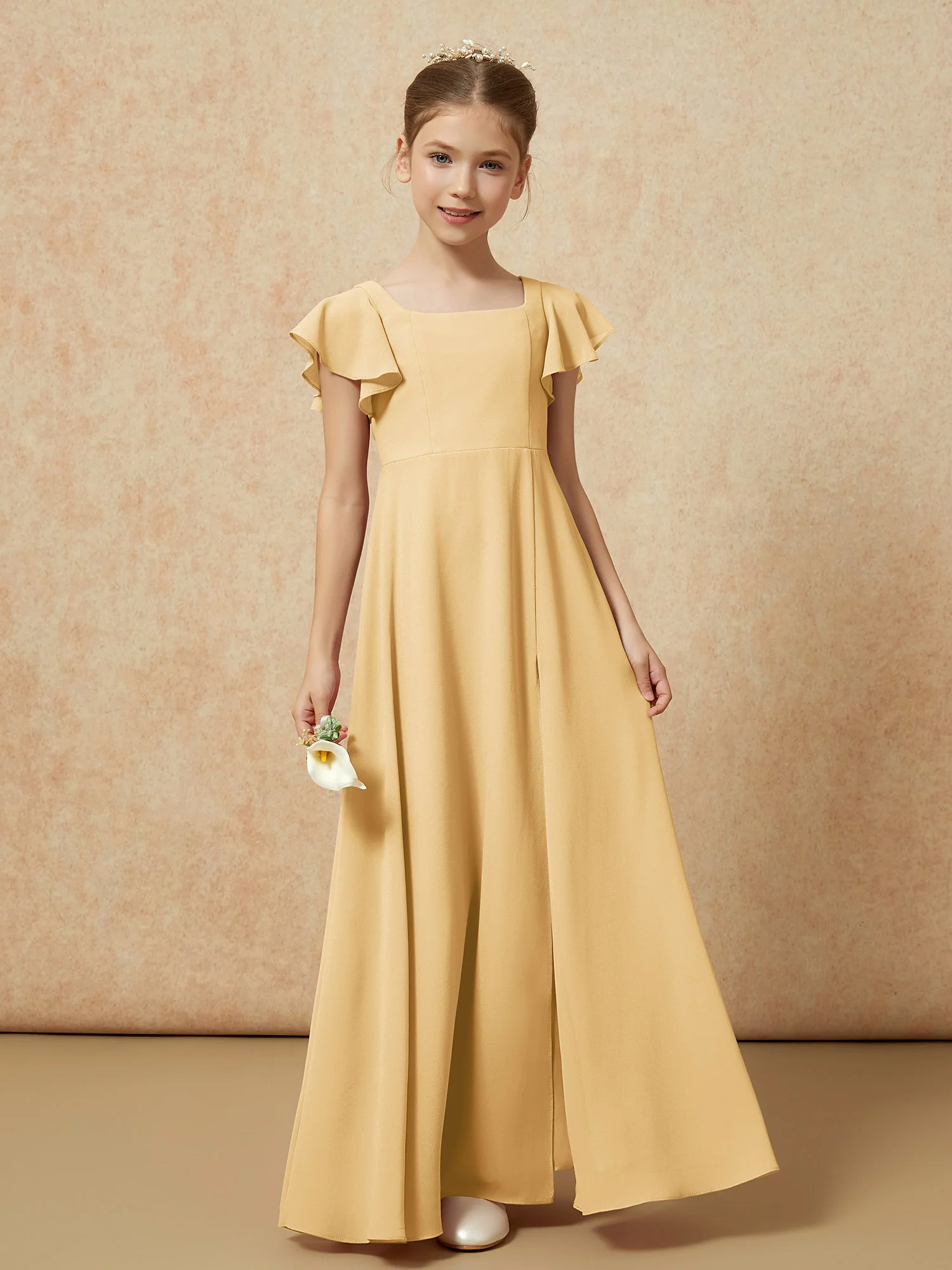 Flutter Sleeves Long Junior Bridesmaid Dresses With Slit Gold - Image 4