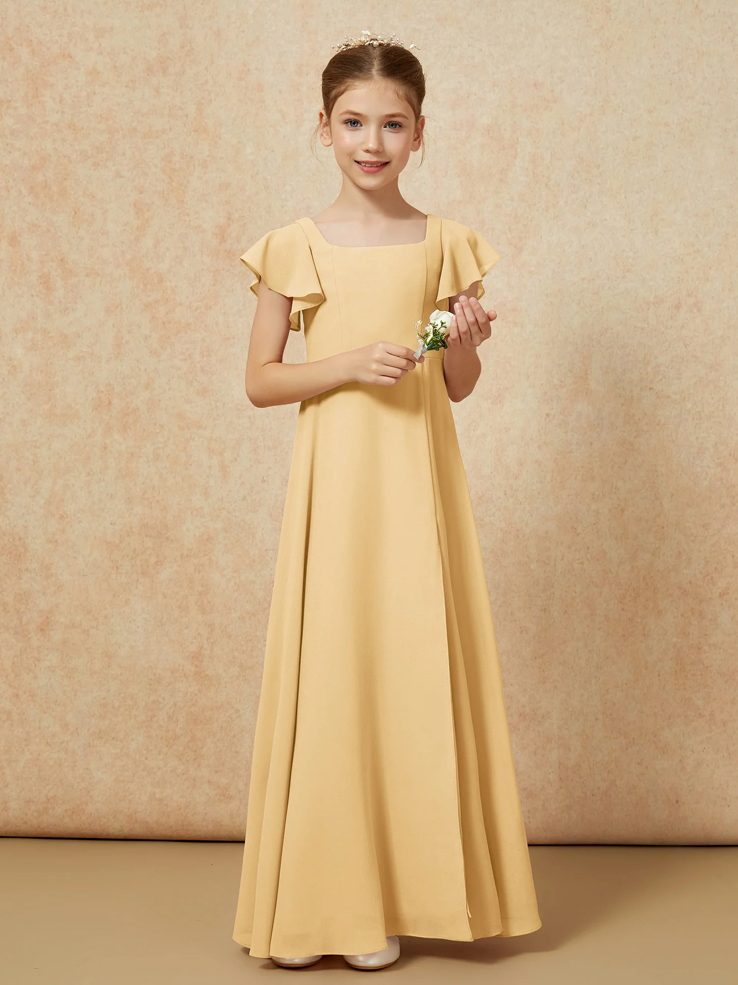 Flutter Sleeves Long Junior Bridesmaid Dresses With Slit Gold - Image 5