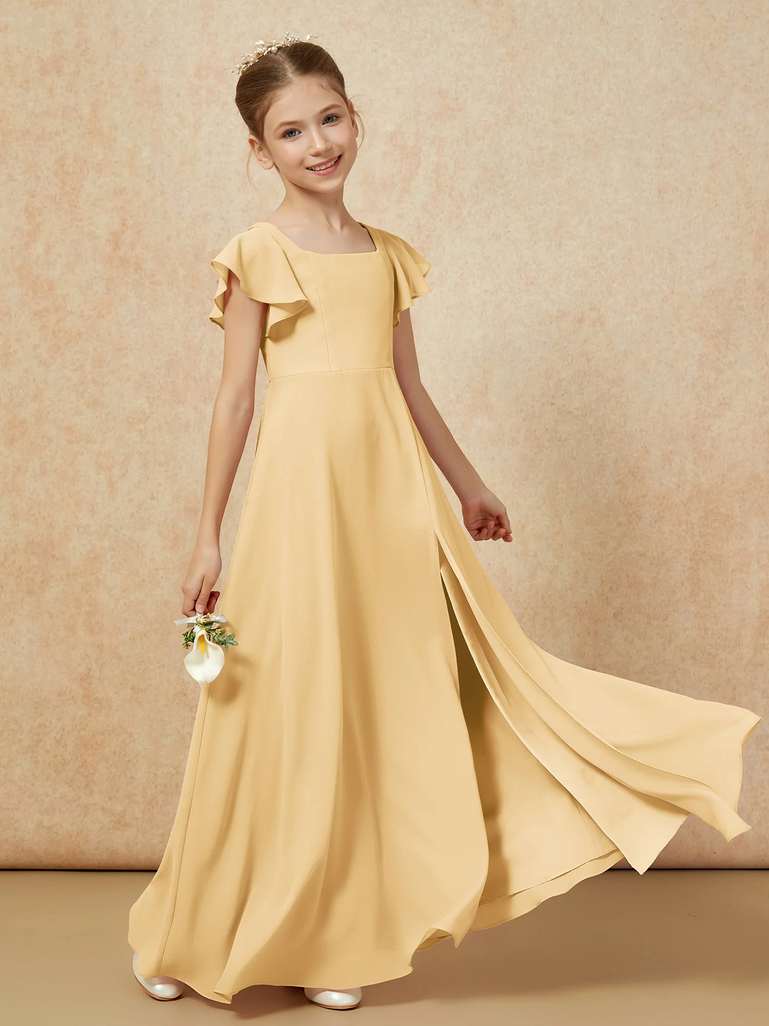 Flutter Sleeves Long Junior Bridesmaid Dresses With Slit Gold - Image 6