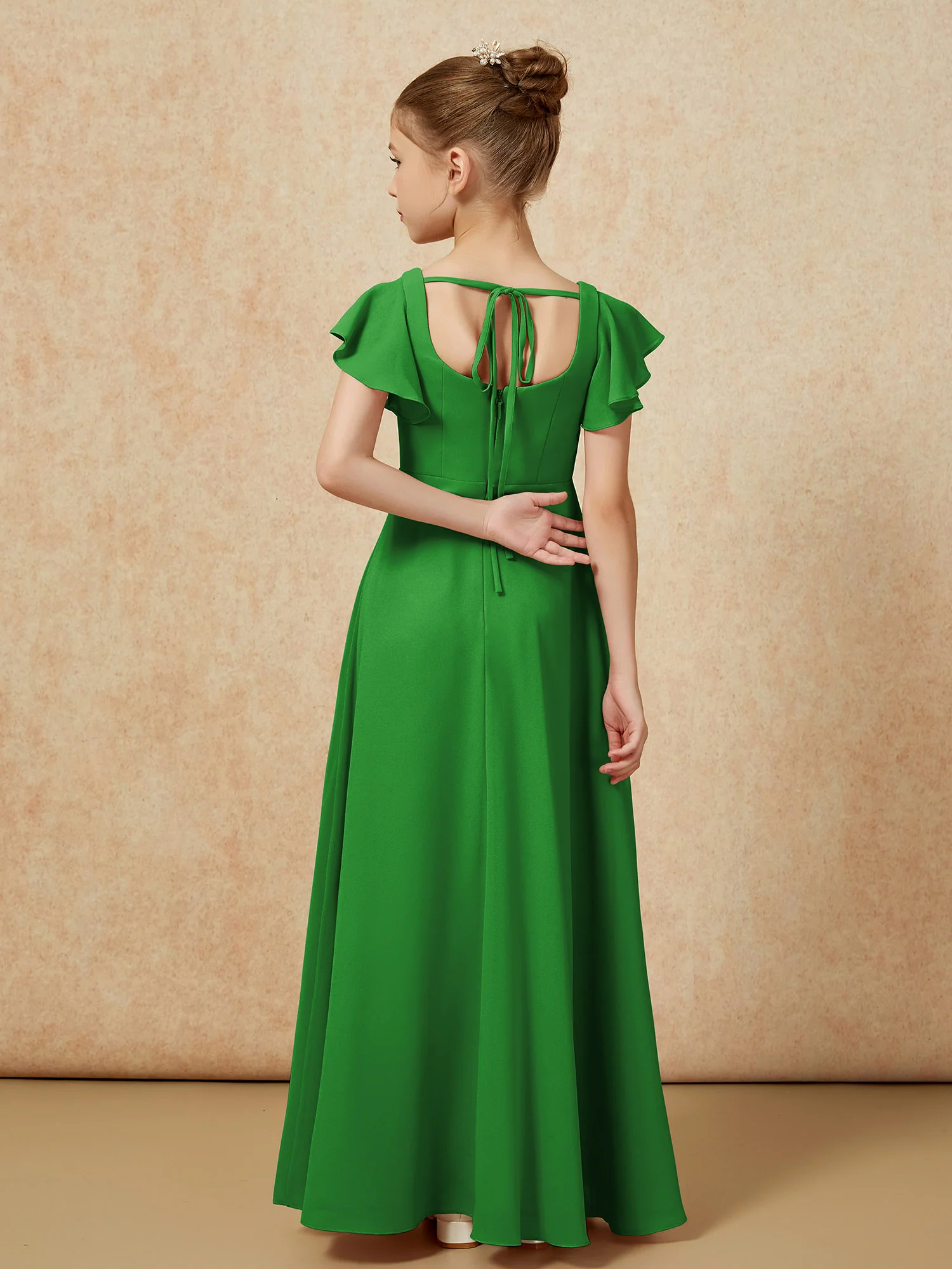 Flutter Sleeves Long Junior Bridesmaid Dresses With Slit Green - Image 2