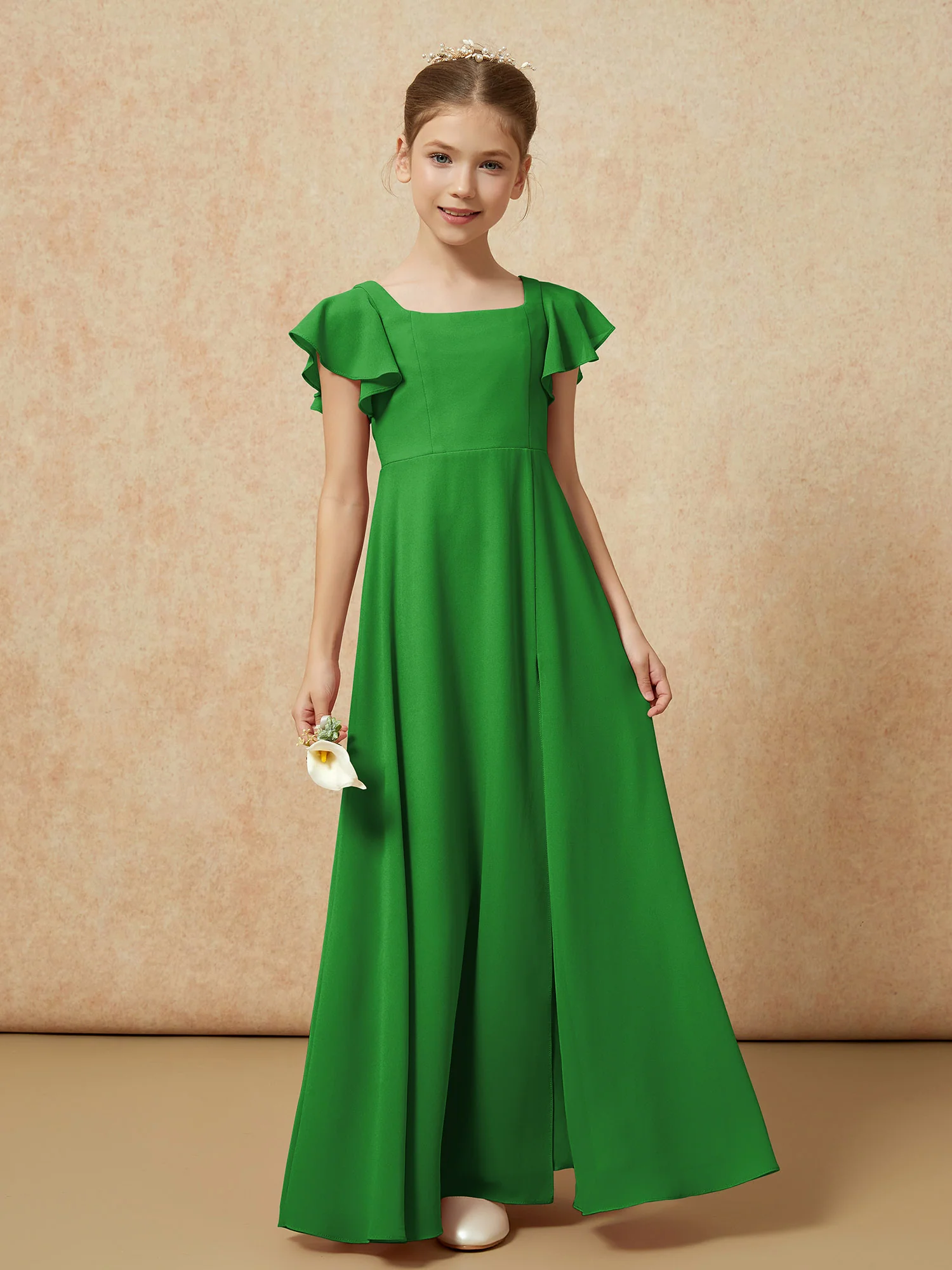 Flutter Sleeves Long Junior Bridesmaid Dresses With Slit Green - Image 4