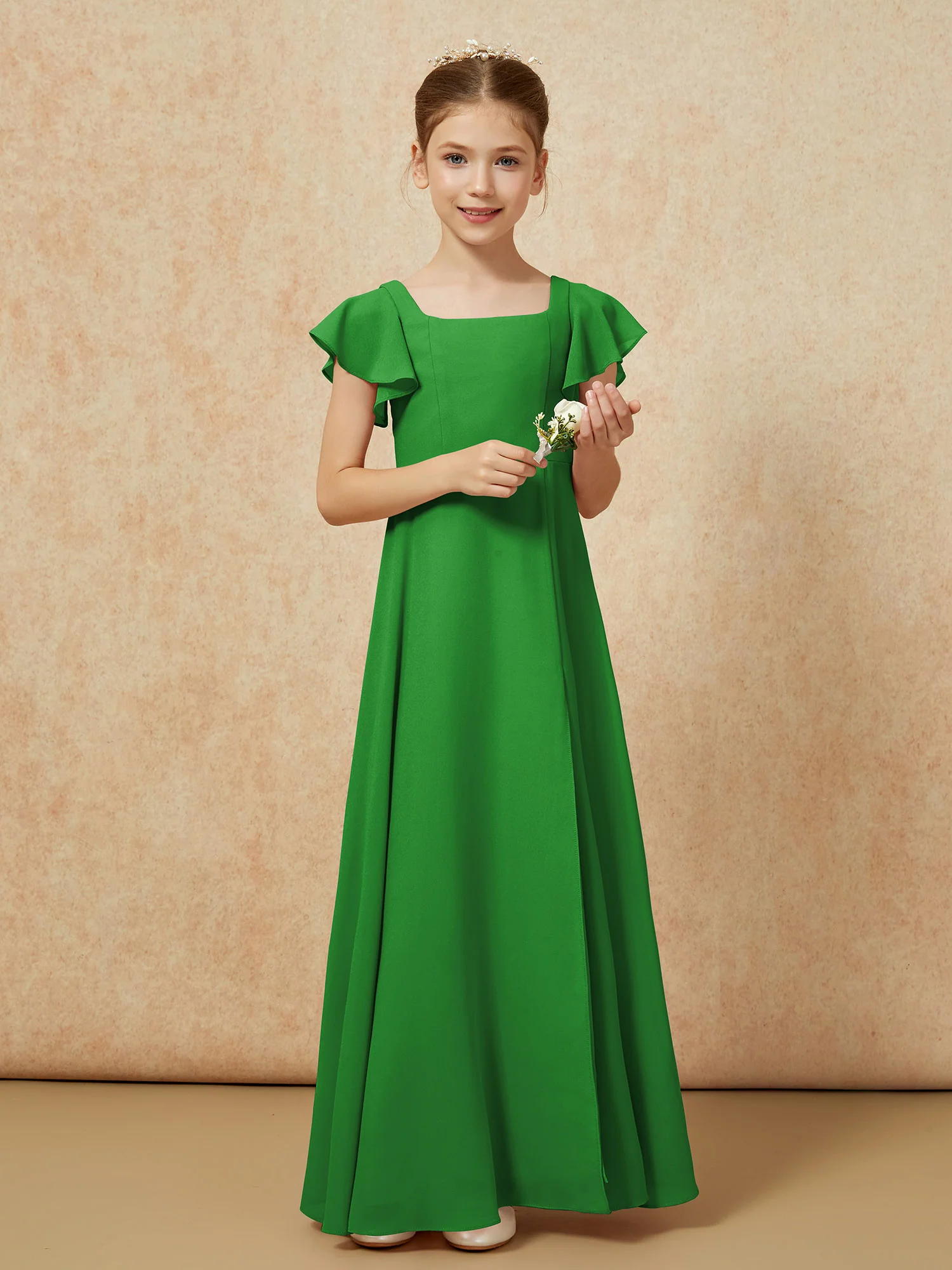 Flutter Sleeves Long Junior Bridesmaid Dresses With Slit Green - Image 5