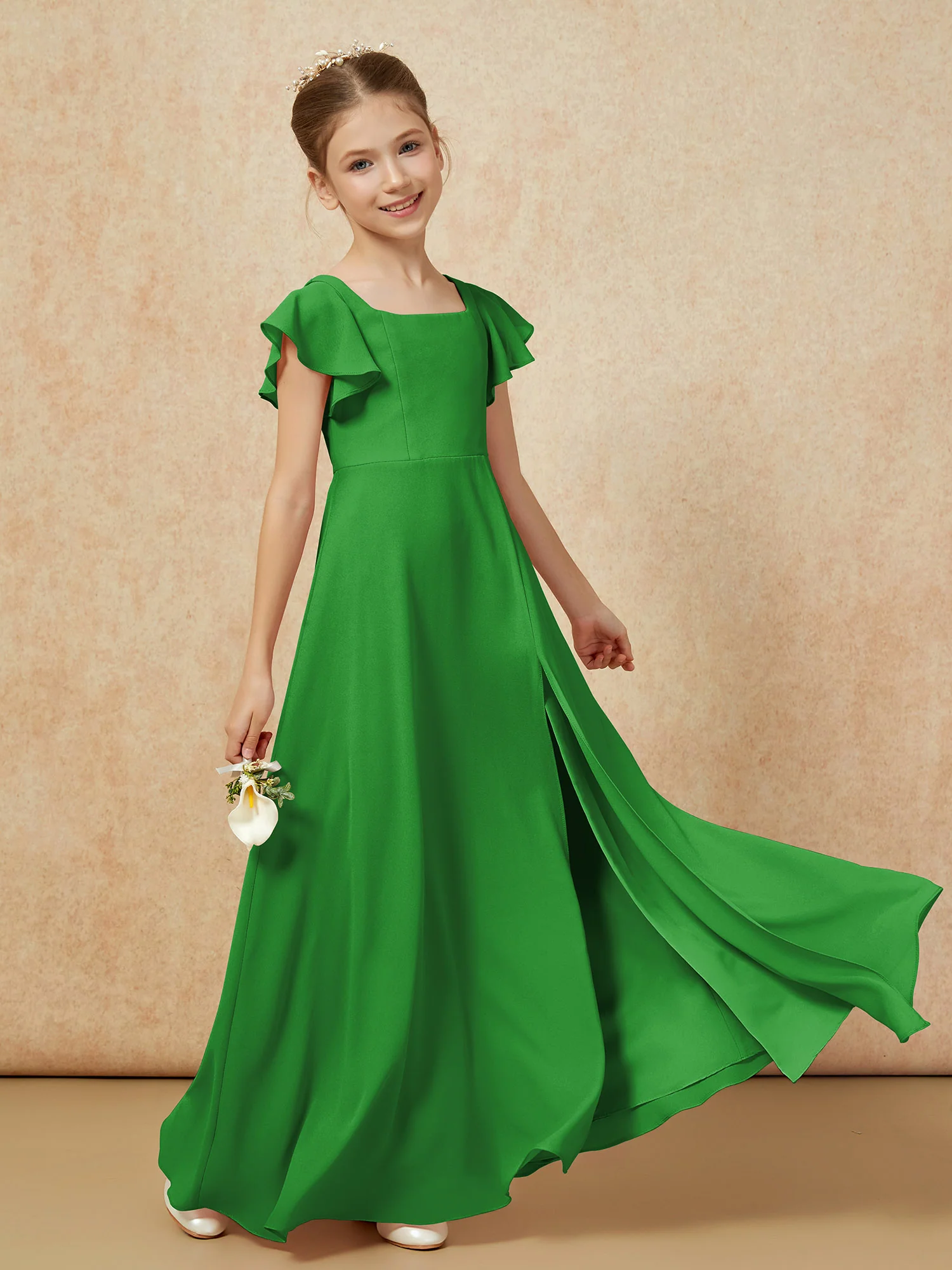 Flutter Sleeves Long Junior Bridesmaid Dresses With Slit Green - Image 6