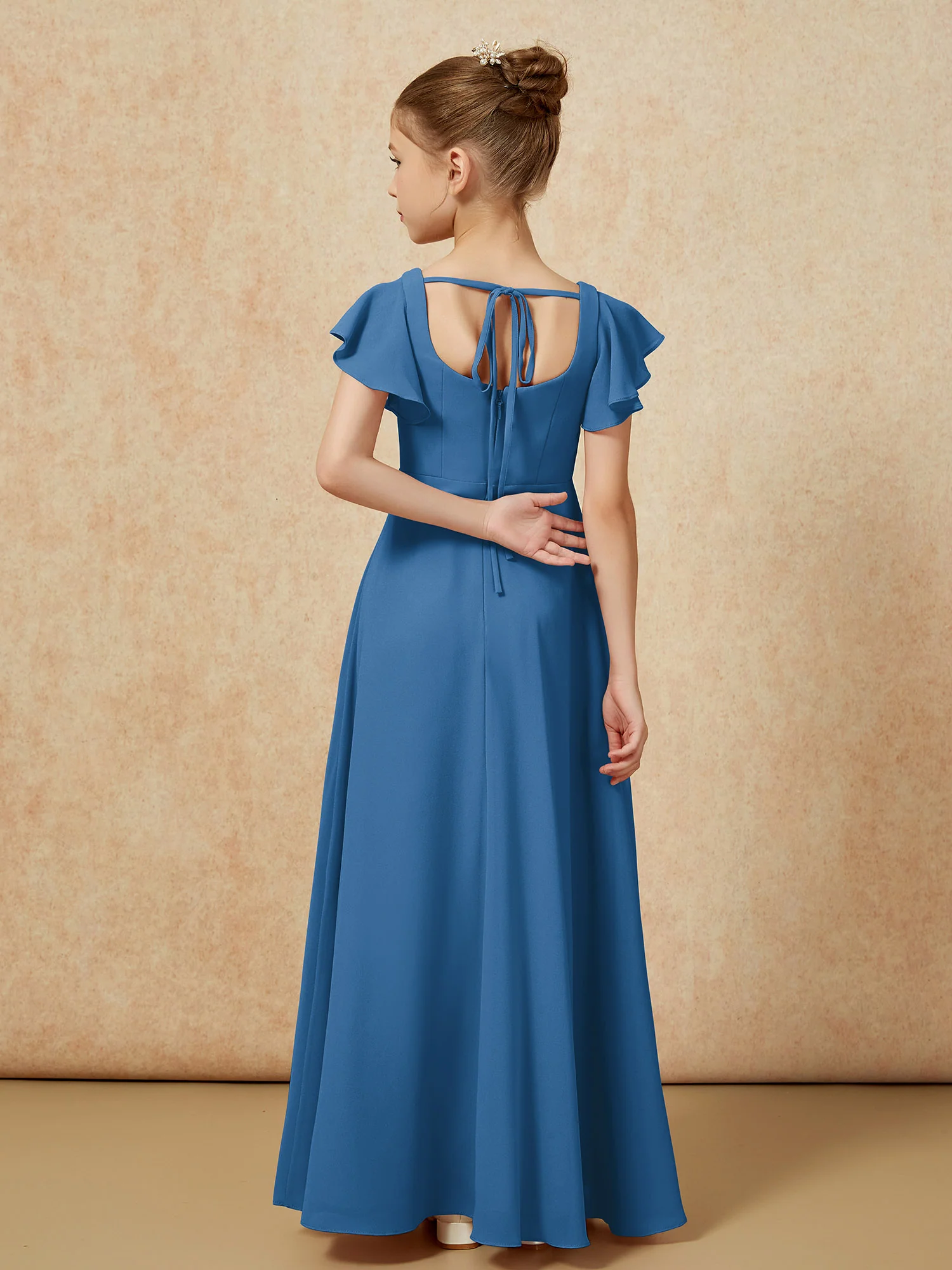Flutter Sleeves Long Junior Bridesmaid Dresses With Slit Ink Blue - Image 2
