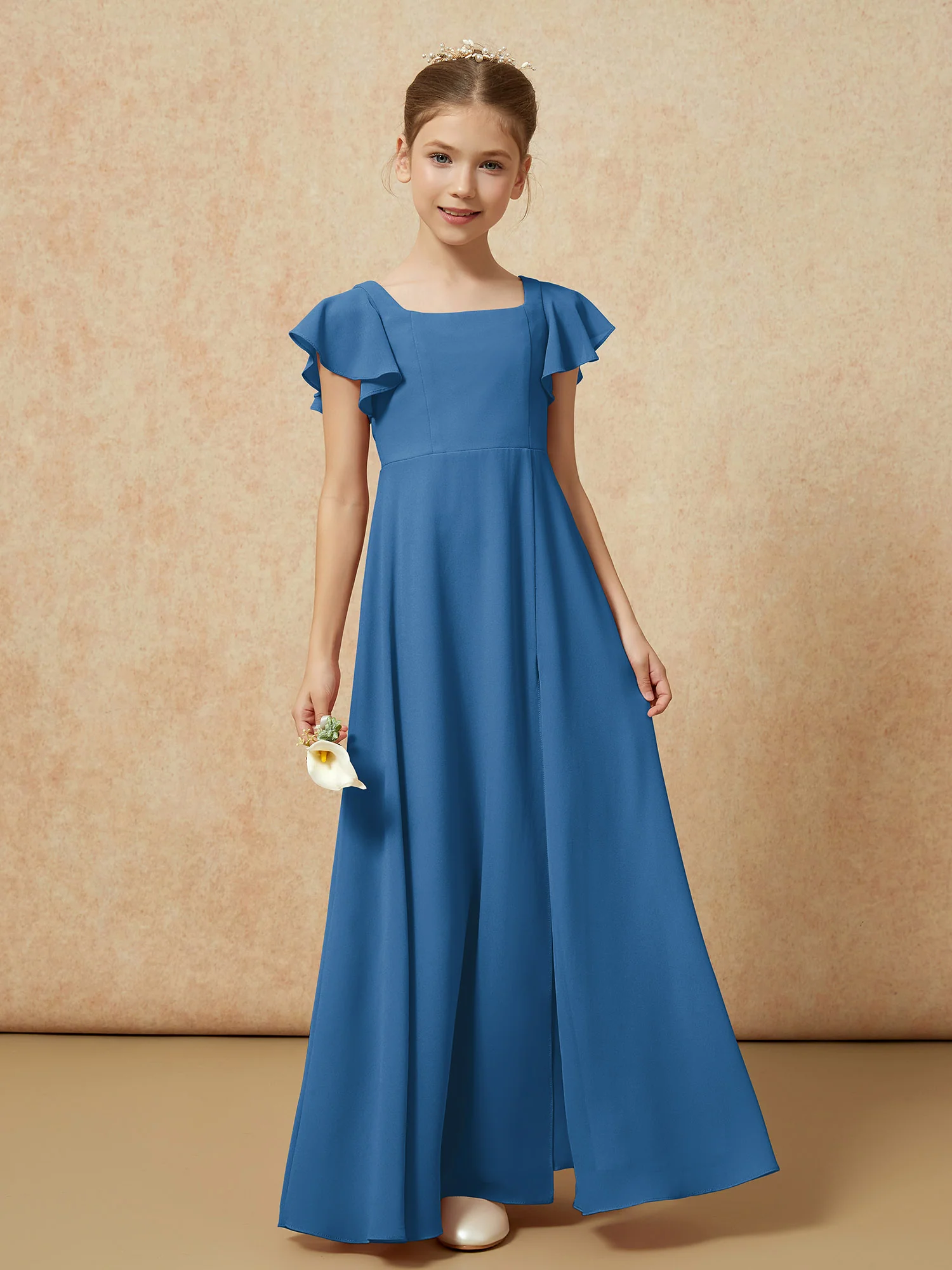 Flutter Sleeves Long Junior Bridesmaid Dresses With Slit Ink Blue - Image 4