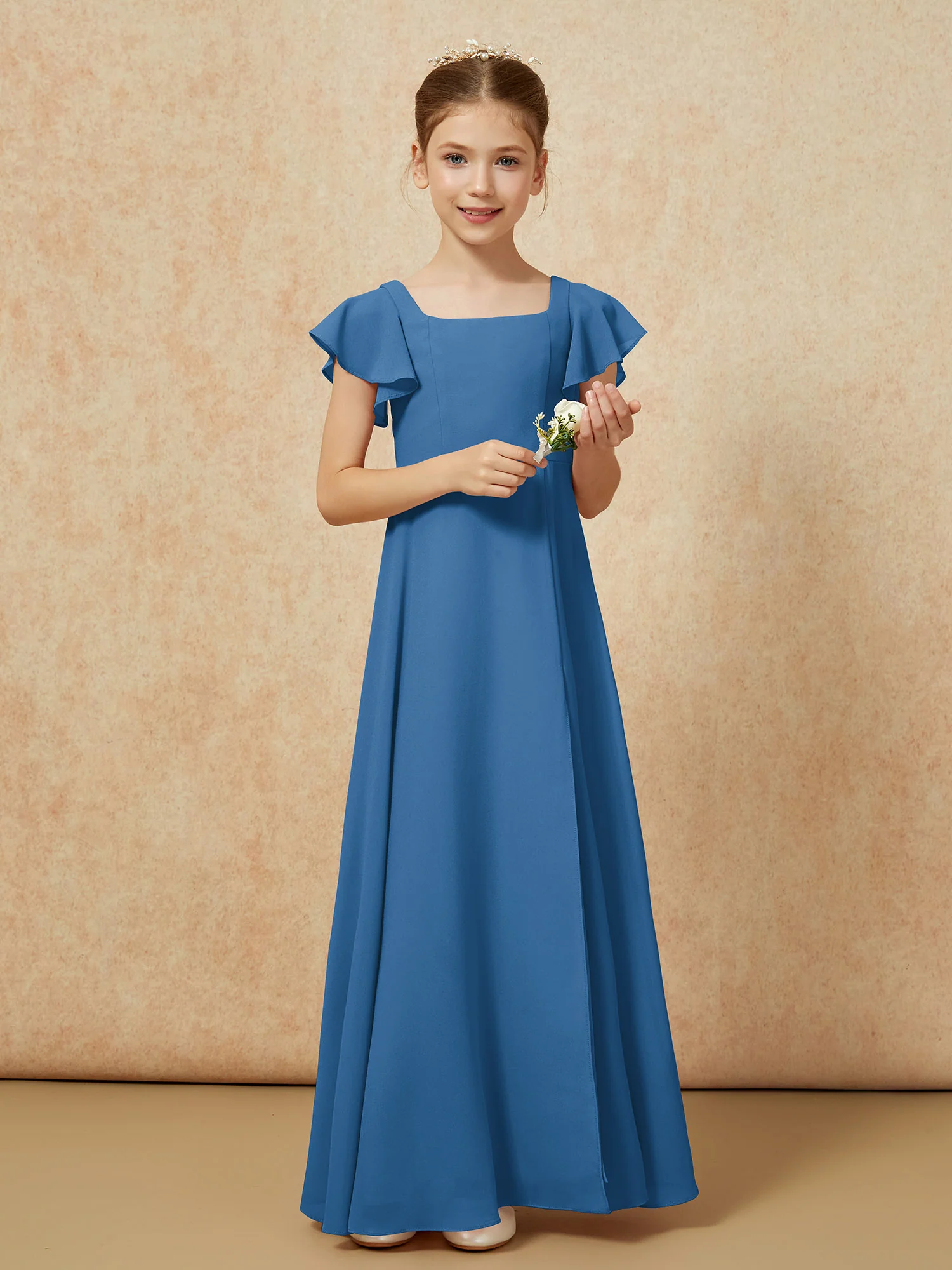 Flutter Sleeves Long Junior Bridesmaid Dresses With Slit Ink Blue - Image 5