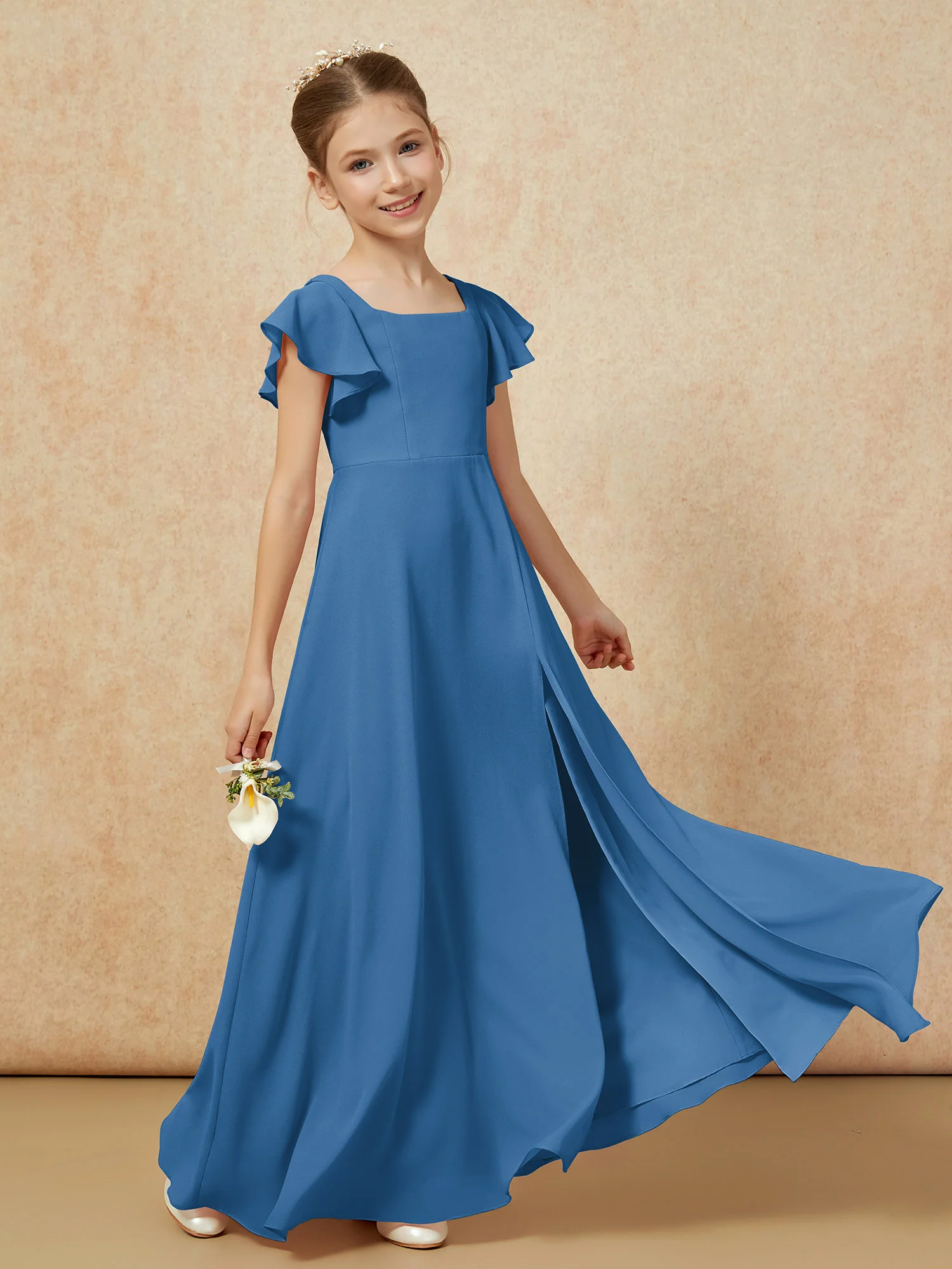 Flutter Sleeves Long Junior Bridesmaid Dresses With Slit Ink Blue - Image 6