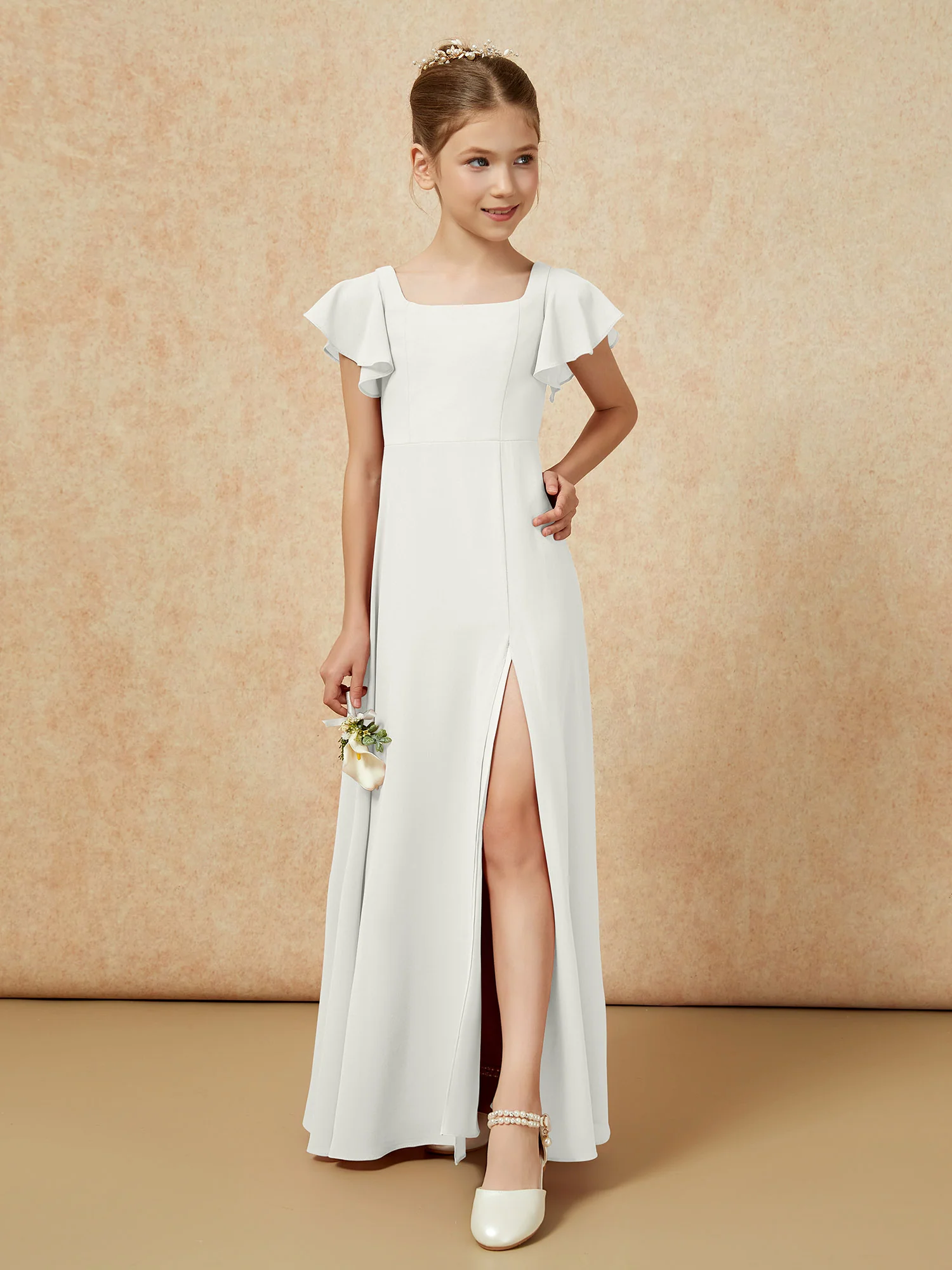 Flutter Sleeves Long Junior Bridesmaid Dresses With Slit Ivory