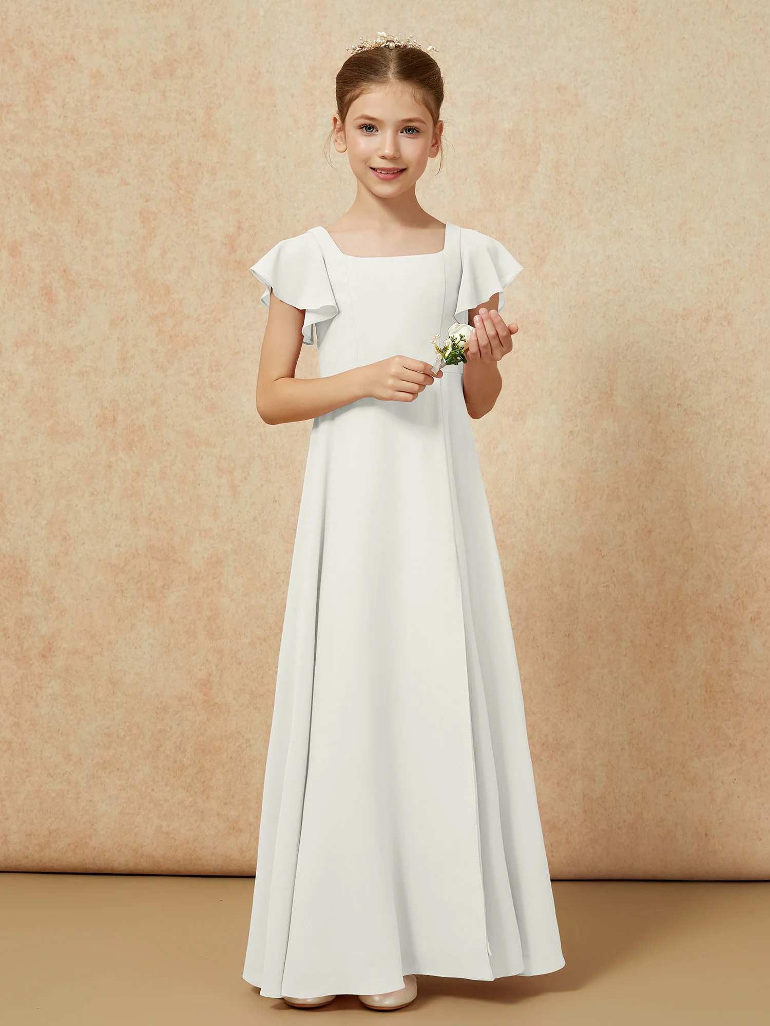 Flutter Sleeves Long Junior Bridesmaid Dresses With Slit Ivory - Image 5