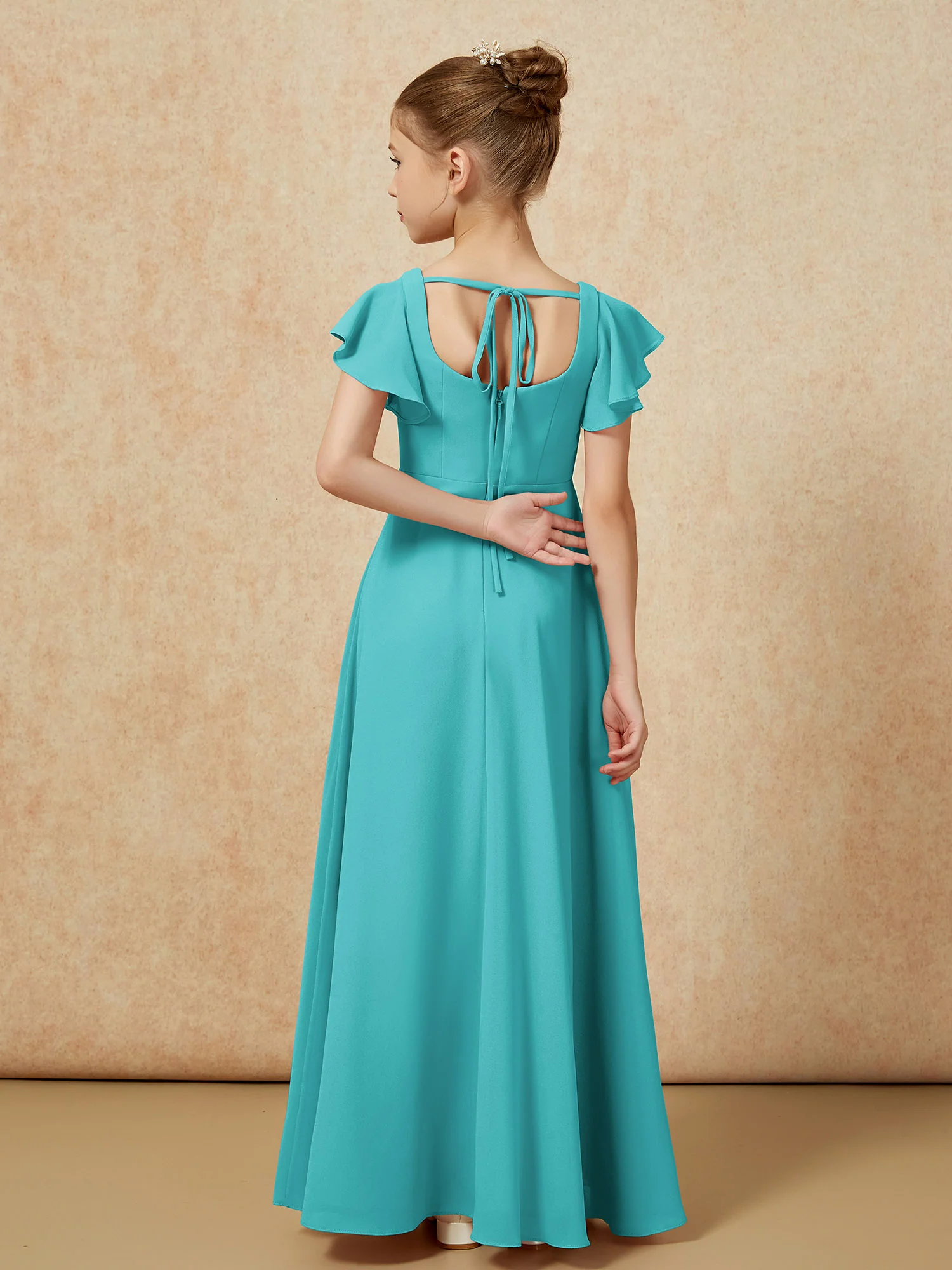 Flutter Sleeves Long Junior Bridesmaid Dresses With Slit Jade - Image 2