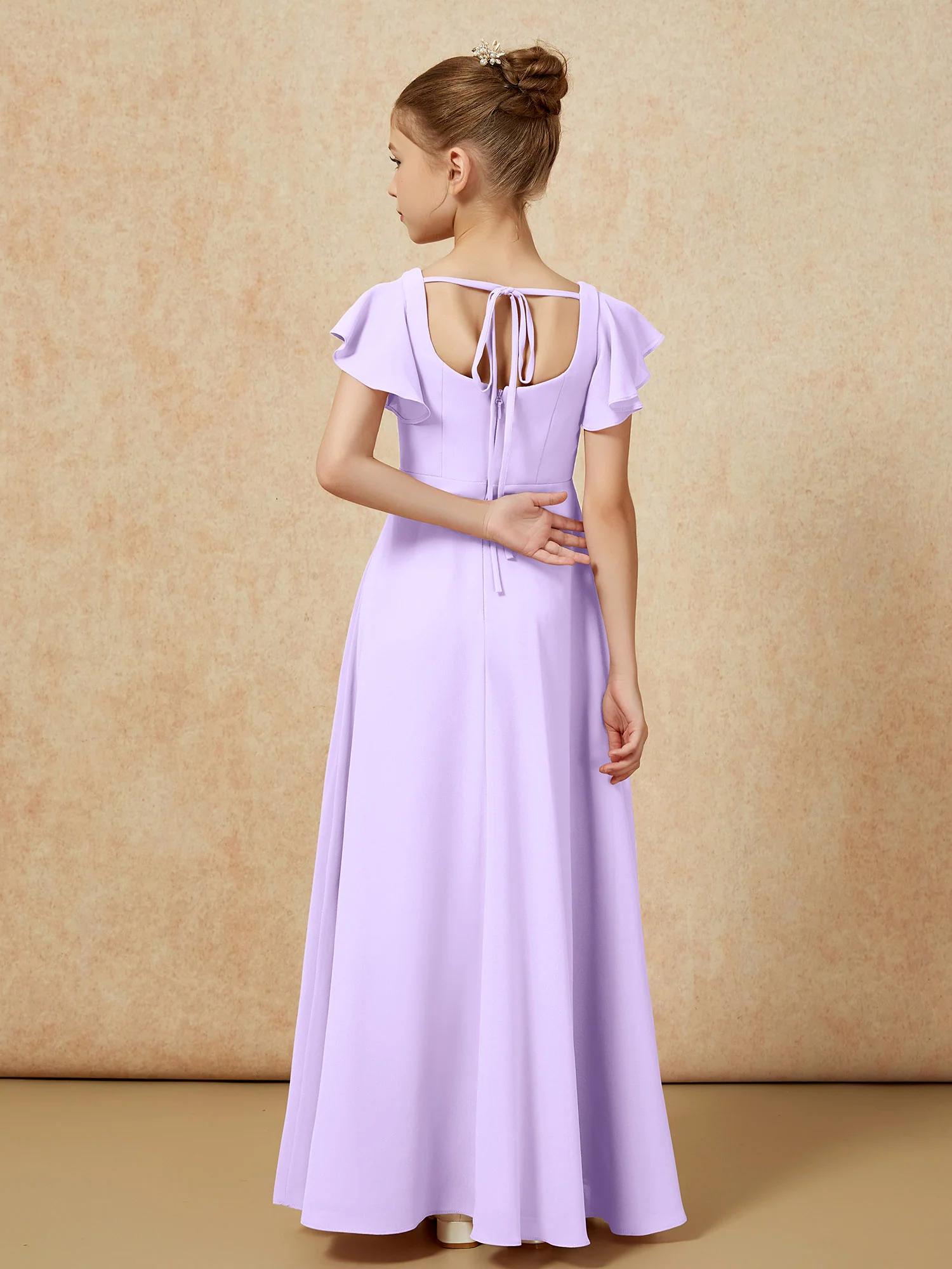Flutter Sleeves Long Junior Bridesmaid Dresses With Slit Lilac - Image 2