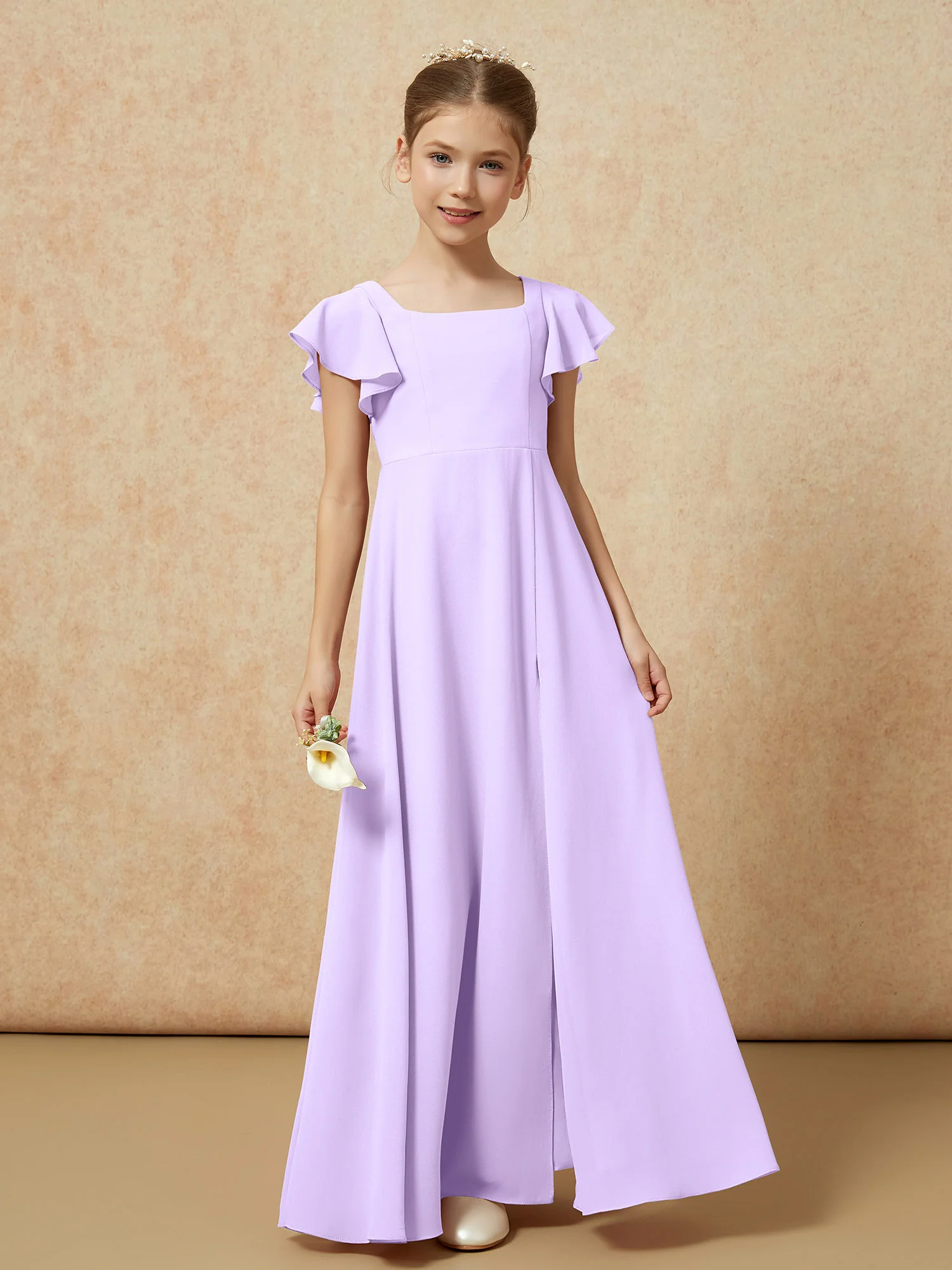 Flutter Sleeves Long Junior Bridesmaid Dresses With Slit Lilac - Image 4