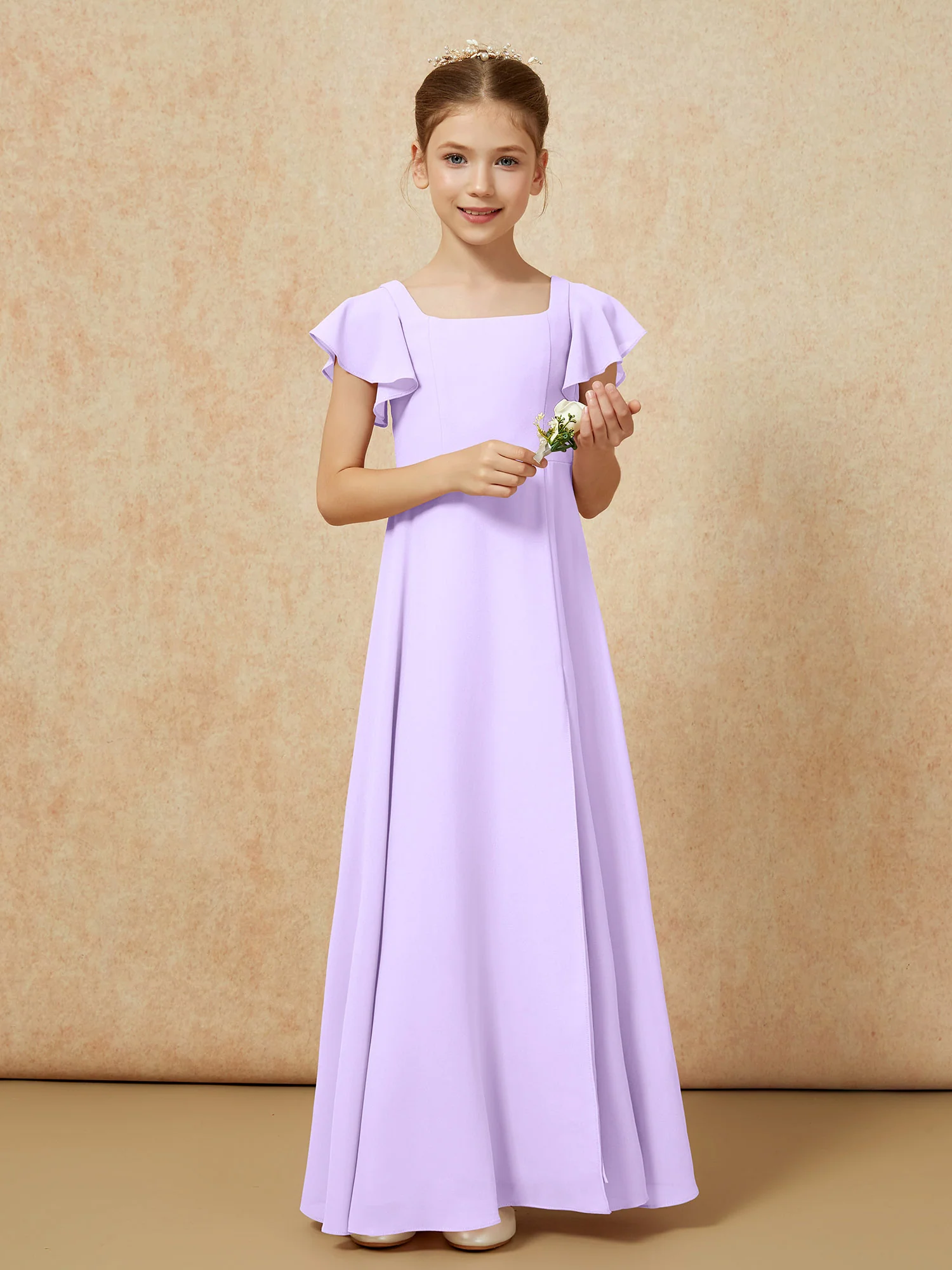 Flutter Sleeves Long Junior Bridesmaid Dresses With Slit Lilac - Image 5