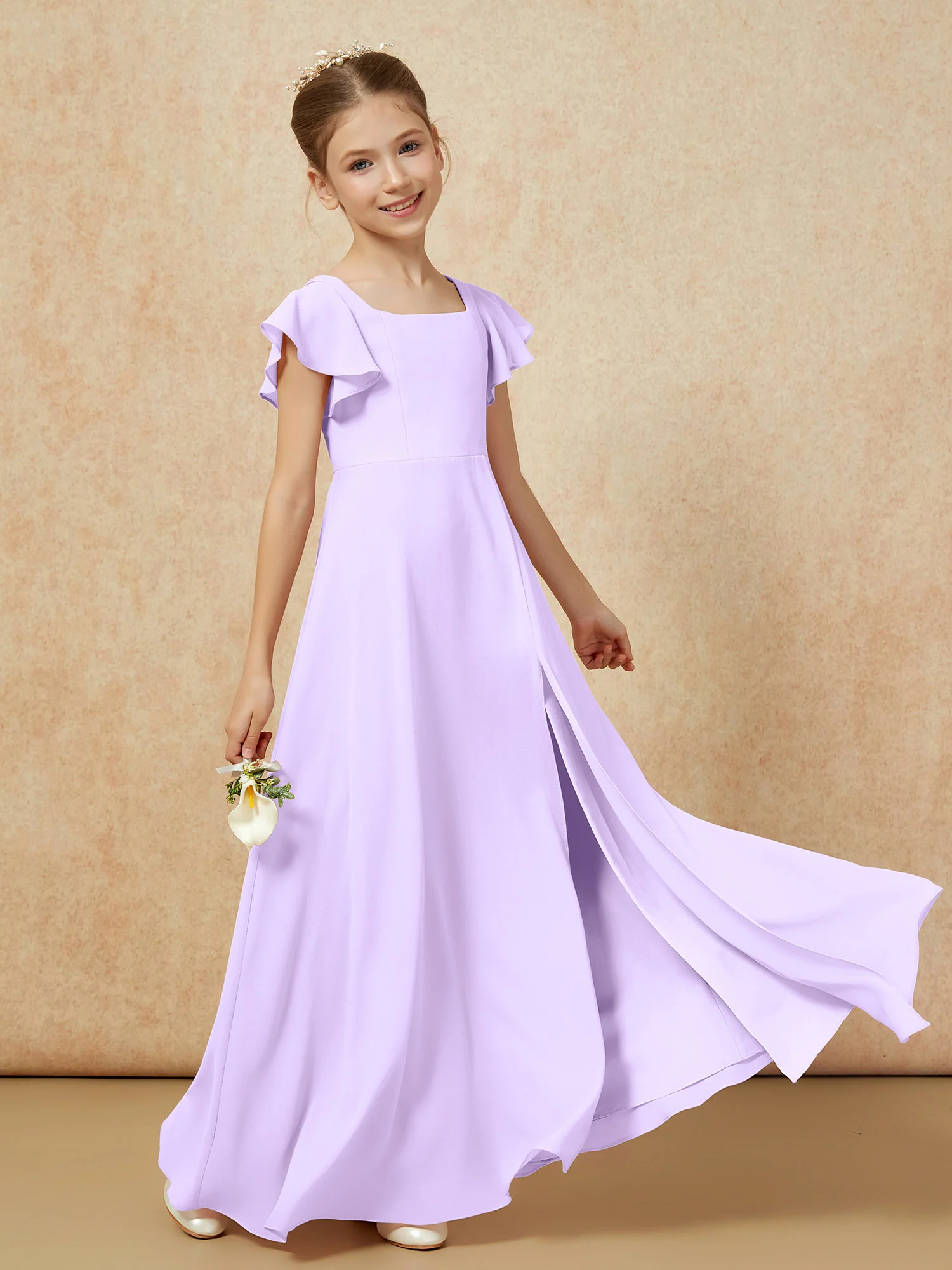 Flutter Sleeves Long Junior Bridesmaid Dresses With Slit Lilac - Image 6