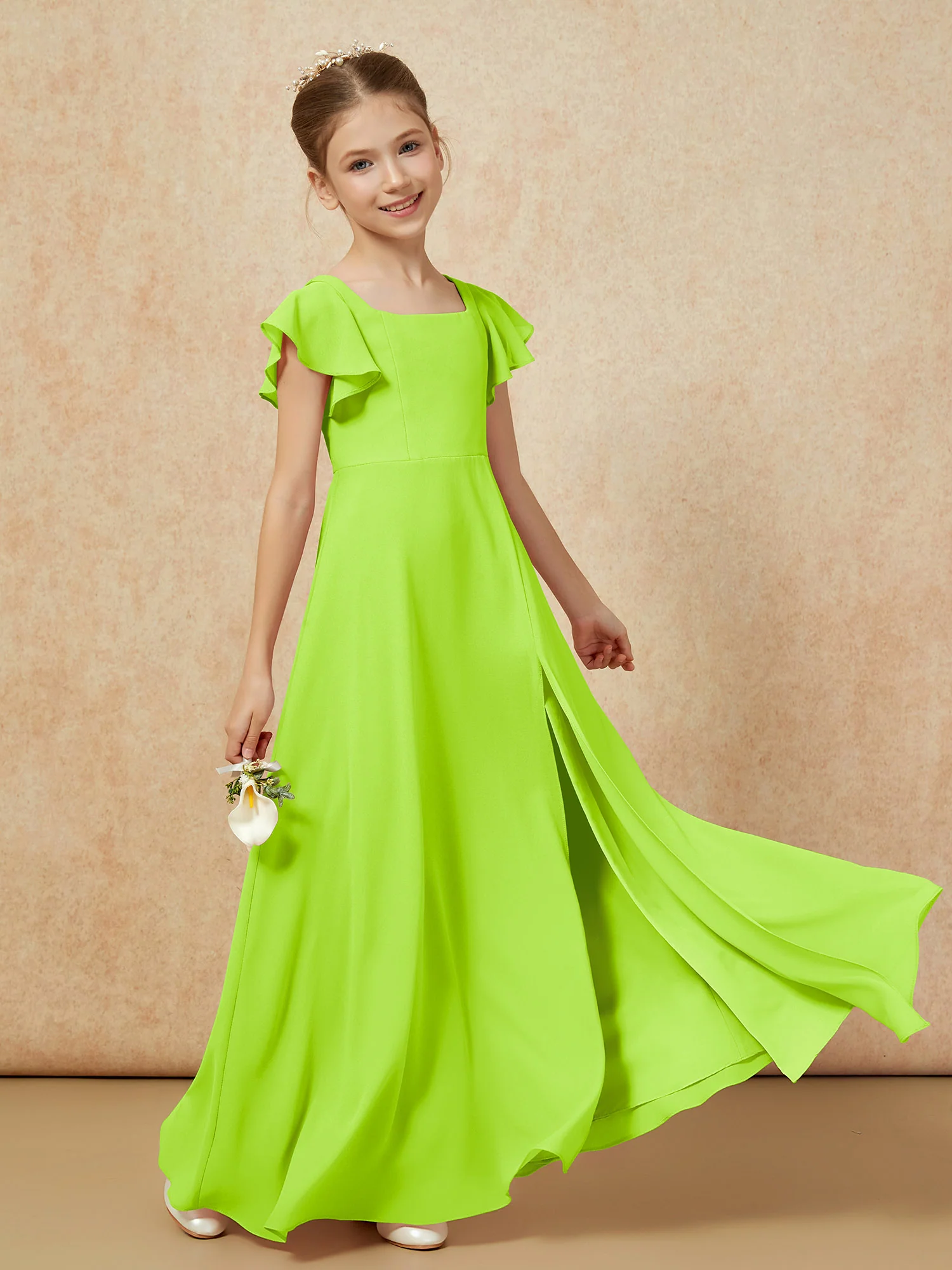 Flutter Sleeves Long Junior Bridesmaid Dresses With Slit Lime Green - Image 6