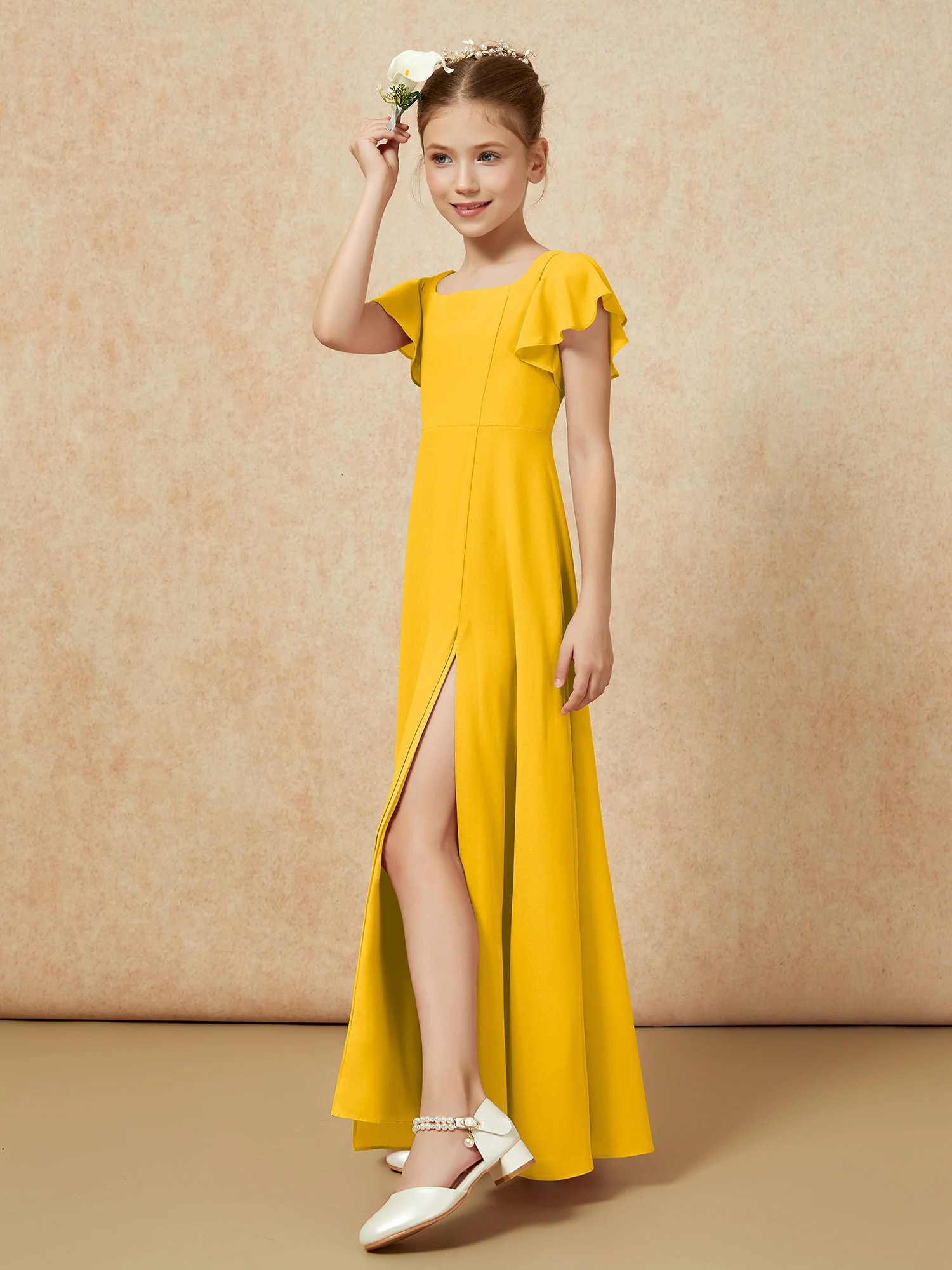 Flutter Sleeves Long Junior Bridesmaid Dresses With Slit Marigold - Image 3