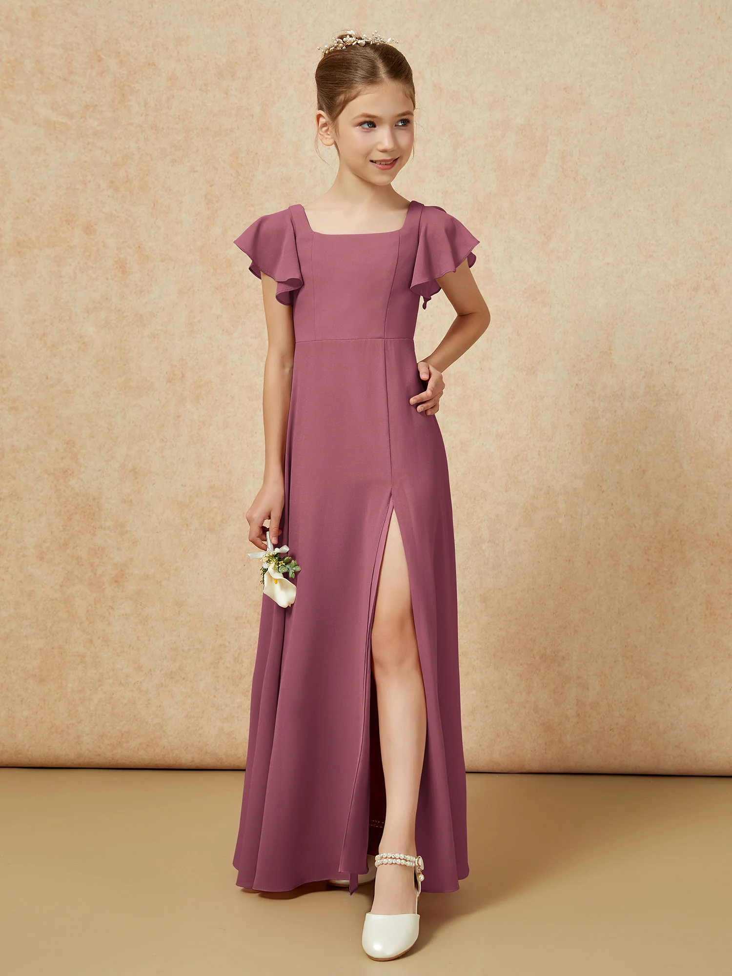 Flutter Sleeves Long Junior Bridesmaid Dresses With Slit Mulberry