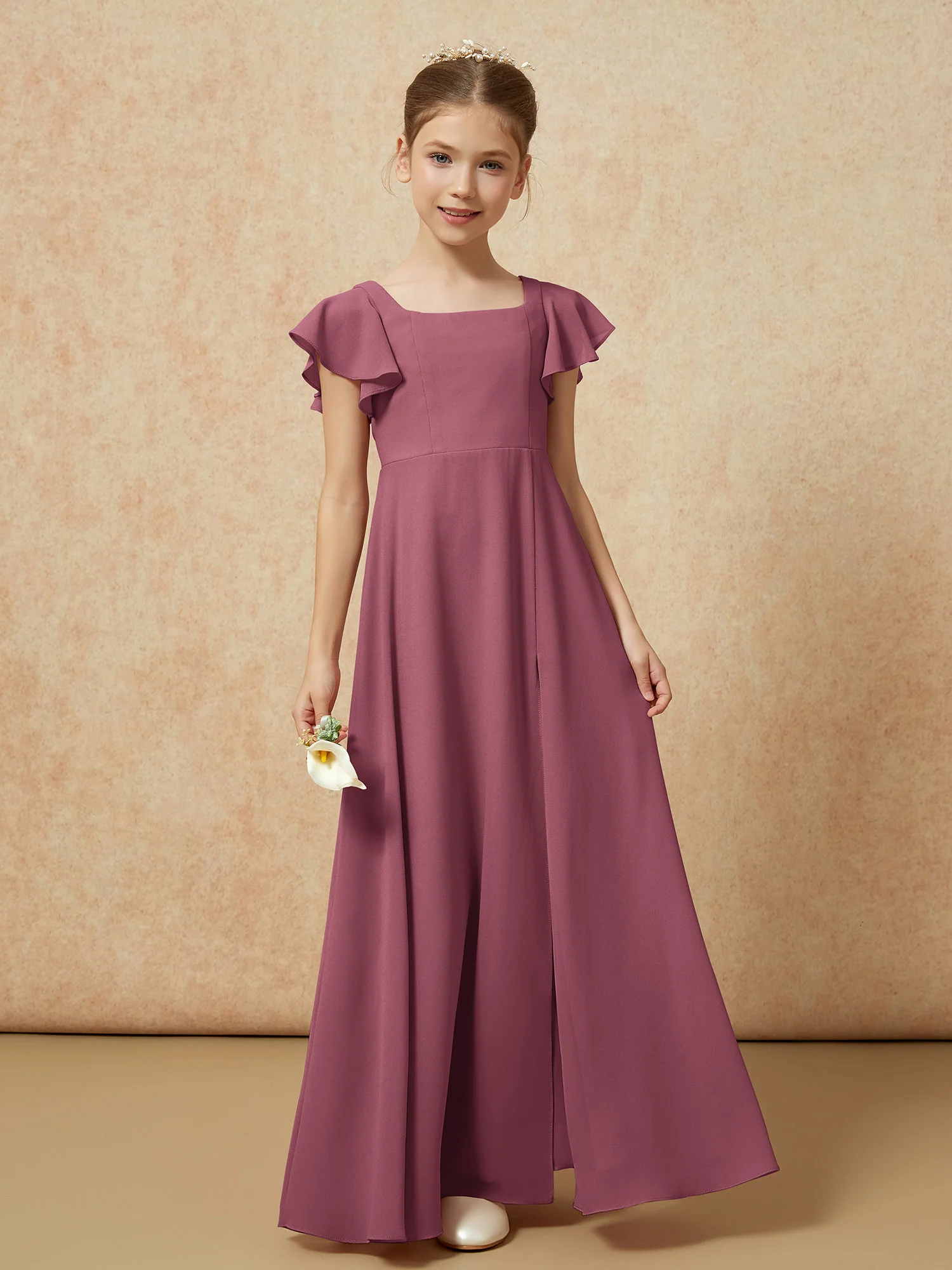 Flutter Sleeves Long Junior Bridesmaid Dresses With Slit Mulberry - Image 4