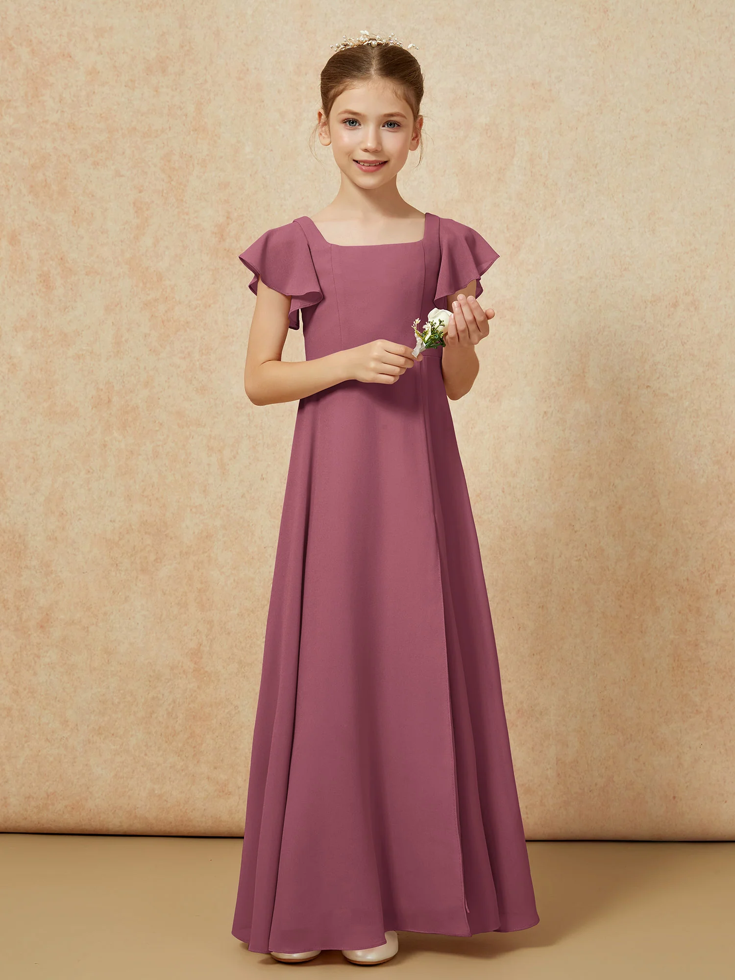 Flutter Sleeves Long Junior Bridesmaid Dresses With Slit Mulberry - Image 5
