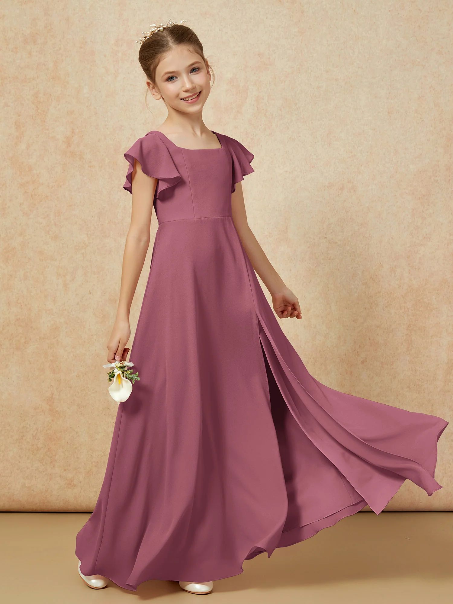 Flutter Sleeves Long Junior Bridesmaid Dresses With Slit Mulberry - Image 6