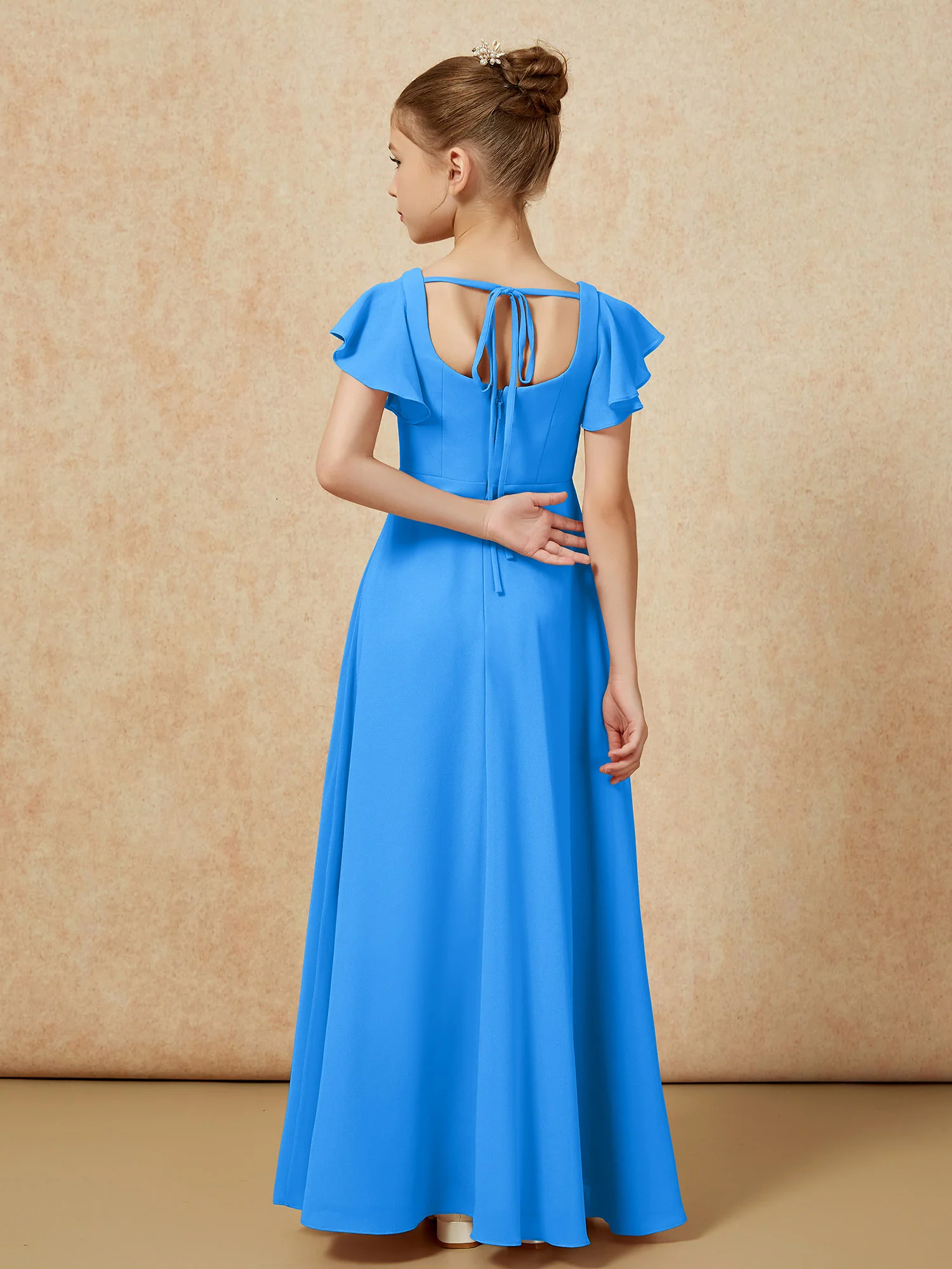 Flutter Sleeves Long Junior Bridesmaid Dresses With Slit Ocean Blue - Image 2
