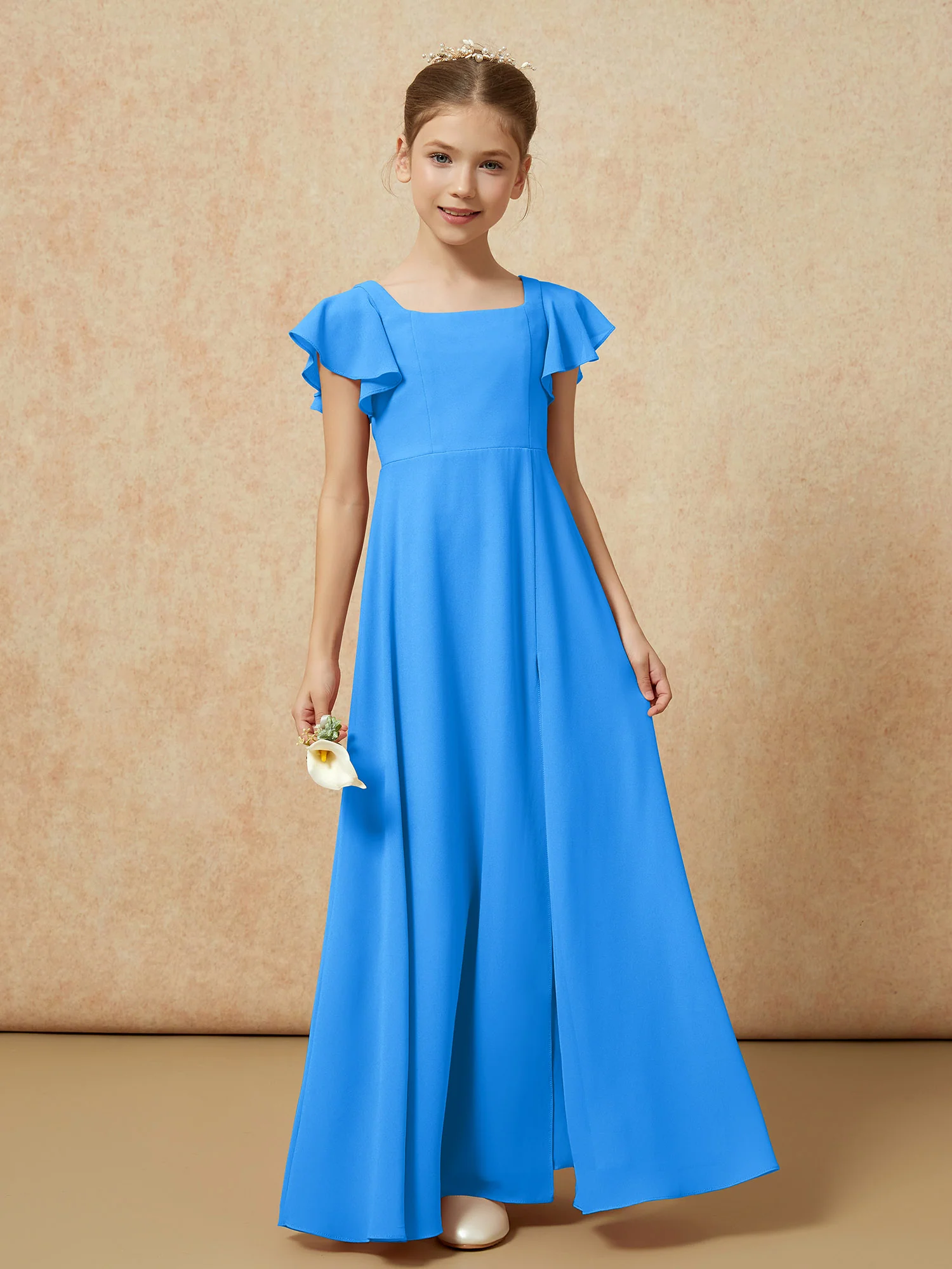 Flutter Sleeves Long Junior Bridesmaid Dresses With Slit Ocean Blue - Image 4